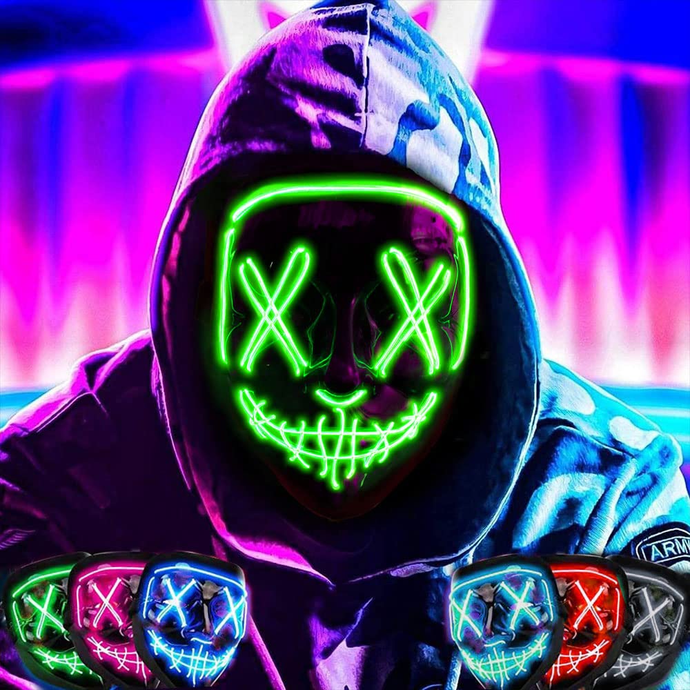 LED Light Up Halloween Mask - 3 Lighting Modes Purge Costume Mask for Masquerade Parties, Carnival & Cosplay | Scary Glow Mask for Halloween Night, Rave Events & Themed Costume Parties