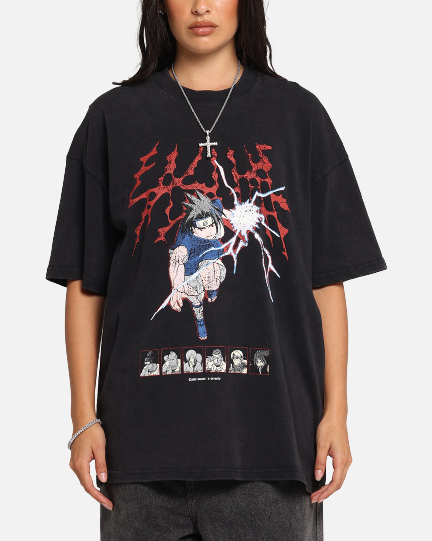 Naruto Sasuke Vintage Anime T-Shirt - Black Acid Wash Style | Perfect for Cosplay, Anime Conventions & Casual Wear