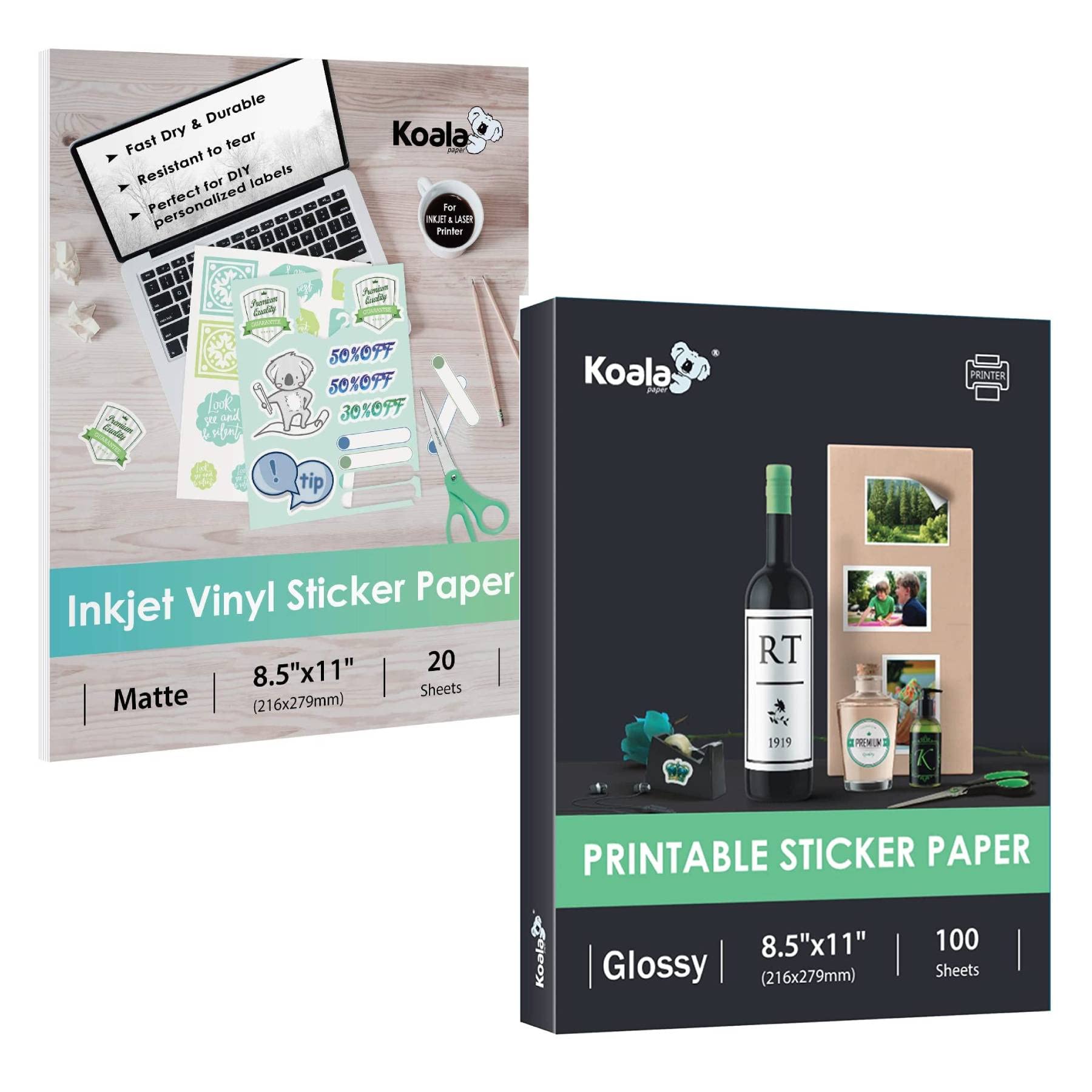 Premium Koala Printable Vinyl Sticker Paper - Matte & Glossy Finish Bundle Pack for DIY Crafts, Scrapbooking, and Laptop Decoration