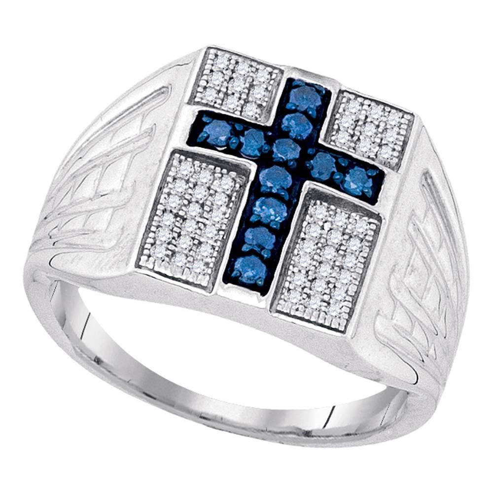 Men's Sterling Silver Round Blue Enhanced Diamond Cross Religious Wedding Band Ring - 1/2 CTTW, Size 10 - Perfect for Christian Ceremonies, Anniversary Gifts & Spiritual Jewelry Collection
