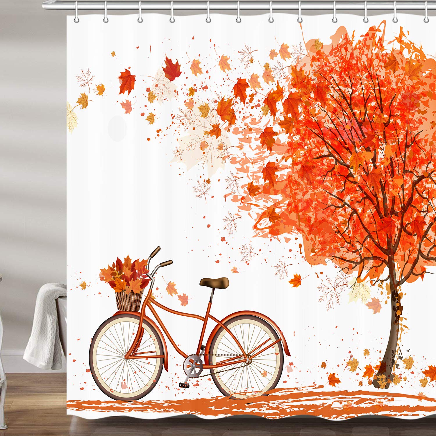 Autumn Tree Bicycle Shower Curtain Set with Maple Leaves - Waterproof Fabric Bathroom Decor for Fall & Thanksgiving (69x72 Inches, 12 Hooks Included) - Perfect for Seasonal Bathroom Makeovers and Cozy Autumn Showers