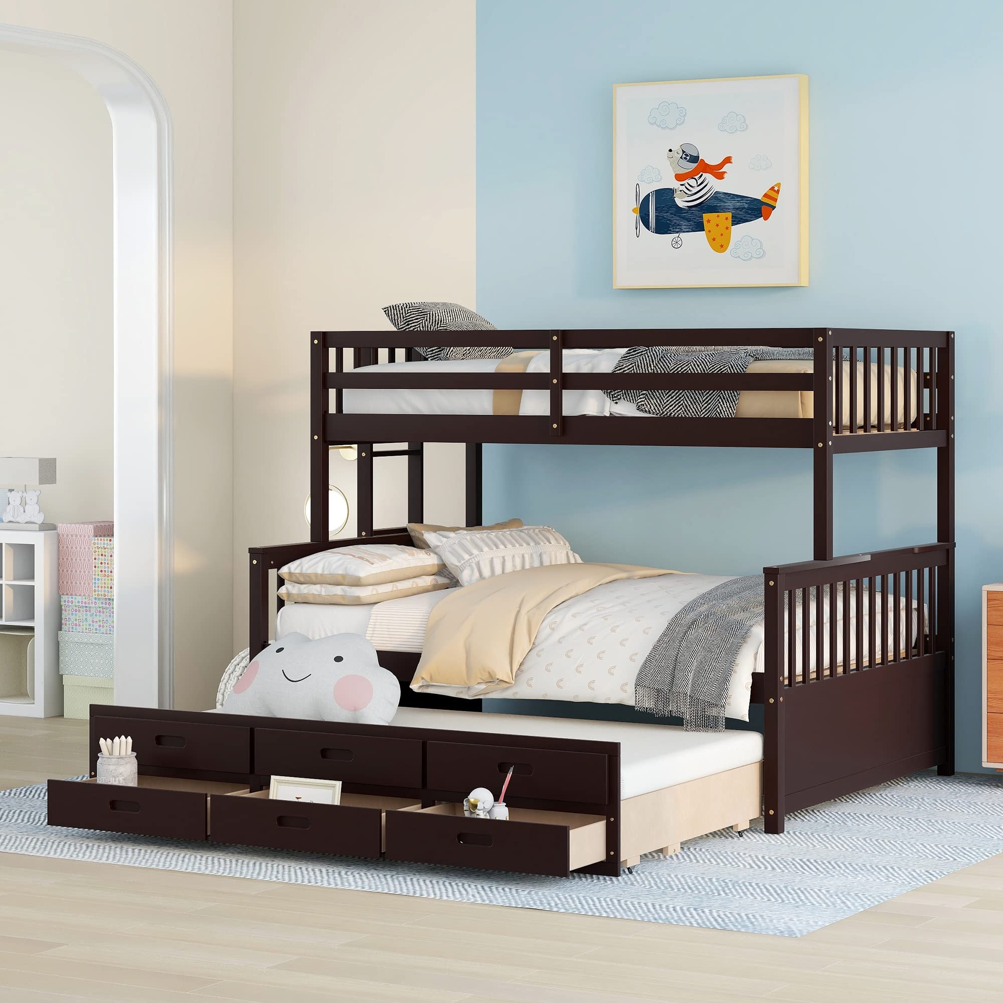Harper & Bright Twin Over Full Bunk Bed with Trundle & Drawers - Convertible Wood Bed Frame for Kids & Teens - Space-Saving for Small Bedrooms