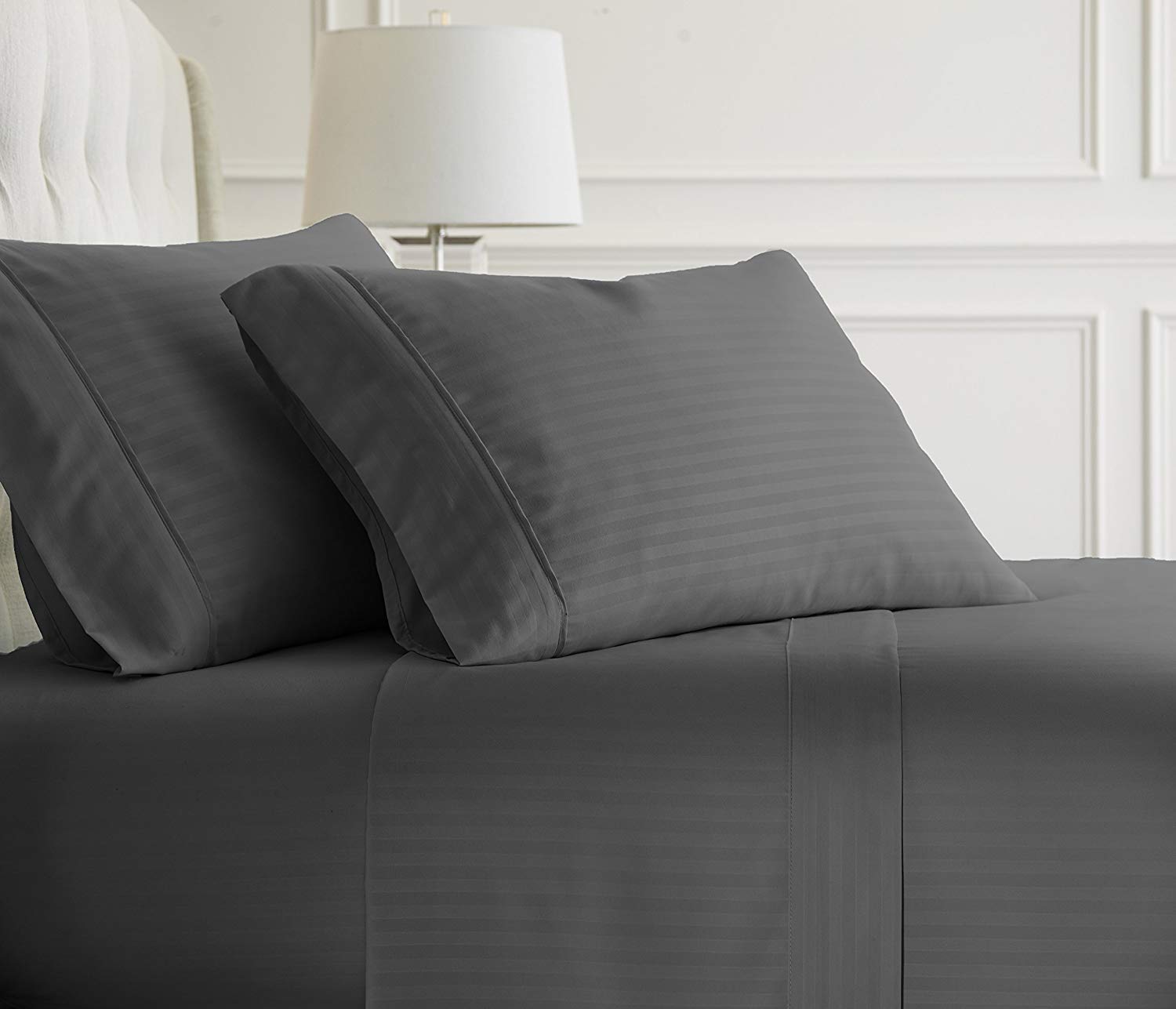 Luxury 6-Piece Egyptian Cotton Sheet Set - 1500 Thread Count 100% Heavy Linen Bedding (Queen Size, Grey Stripe) for Deep Pocket Mattress 30-34