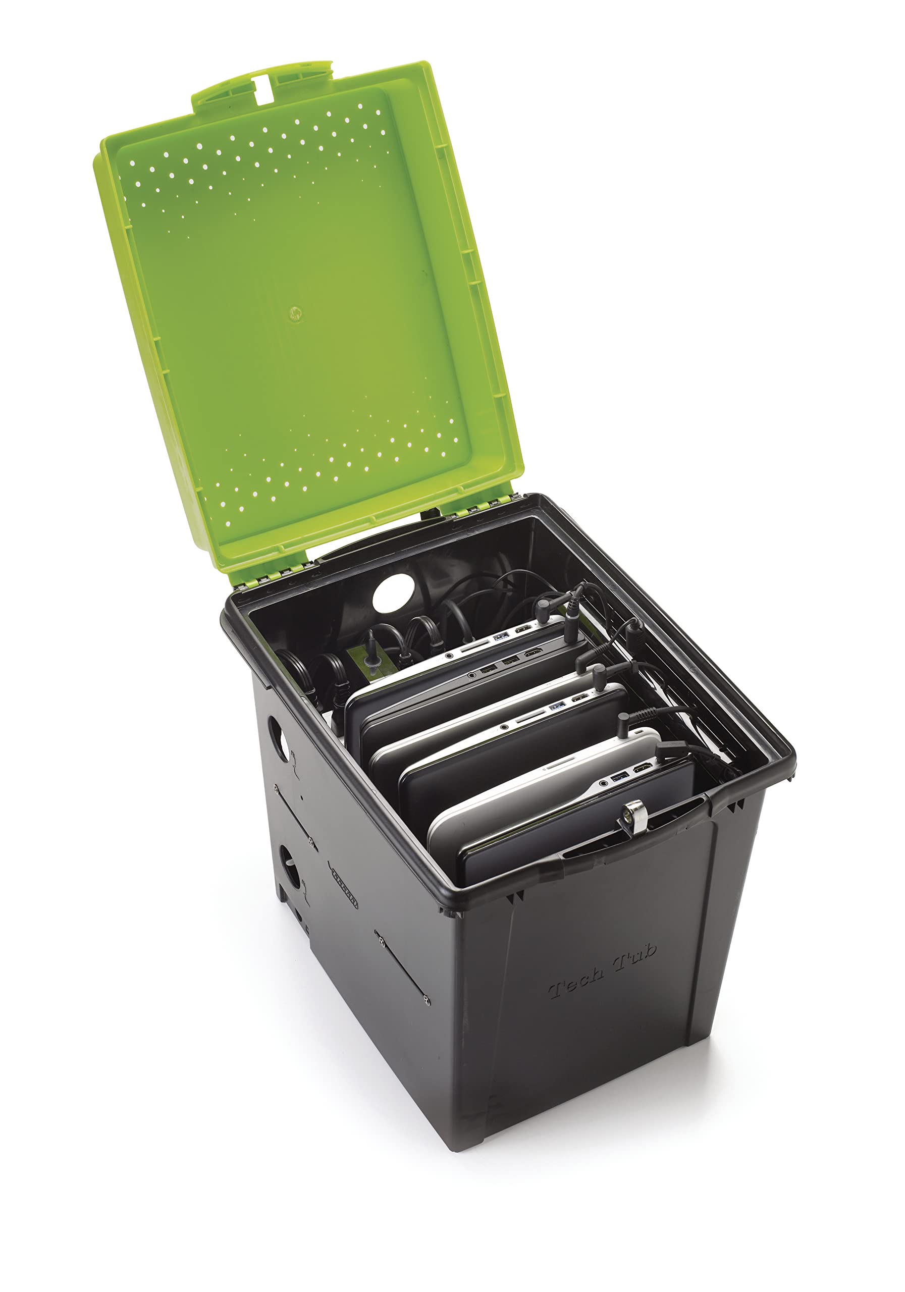 Copernicus Premium Tech Tub 6-Device Lockable Classroom Charging Station with 6 Short Extension Cords - Secure Storage for iPads, Chromebooks & Tablets (Green/Black) - Ideal for Schools, Libraries & Offices
