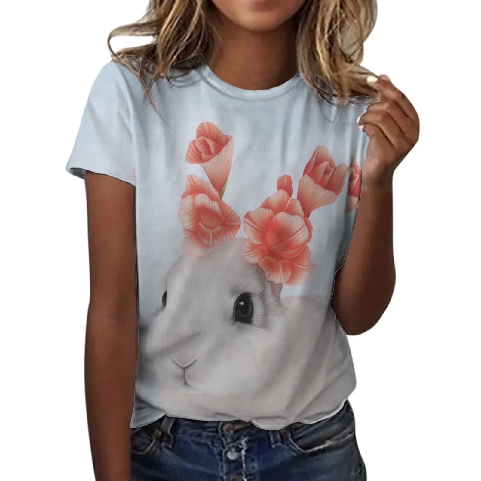 Ylioge Women's Big and Tall Crewneck Short Sleeve Blouse - Cute Rabbit Print Summer Loose Casual Tops for Plus Size - Perfect for Beach Outings, Weekend Wear & Summer Vacations