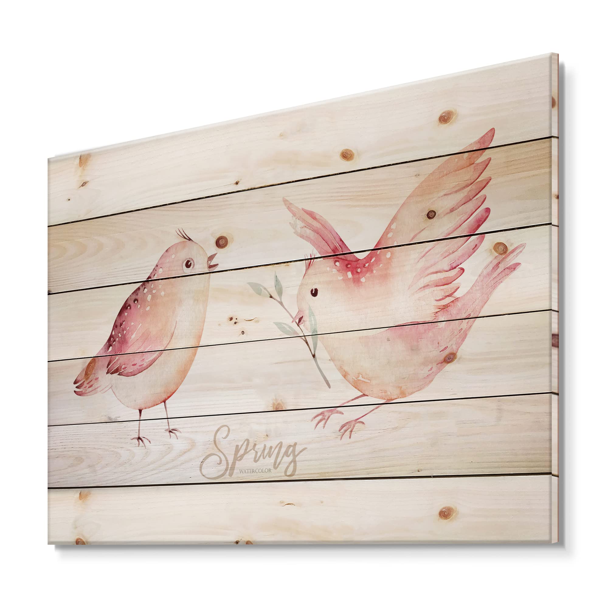 DesignQ Spring Bird on Blooming Branch with Green Leaves - Traditional Print on Natural Pine Wood Wall Art - Perfect for Home Decor, Living Room, Bedroom & Office