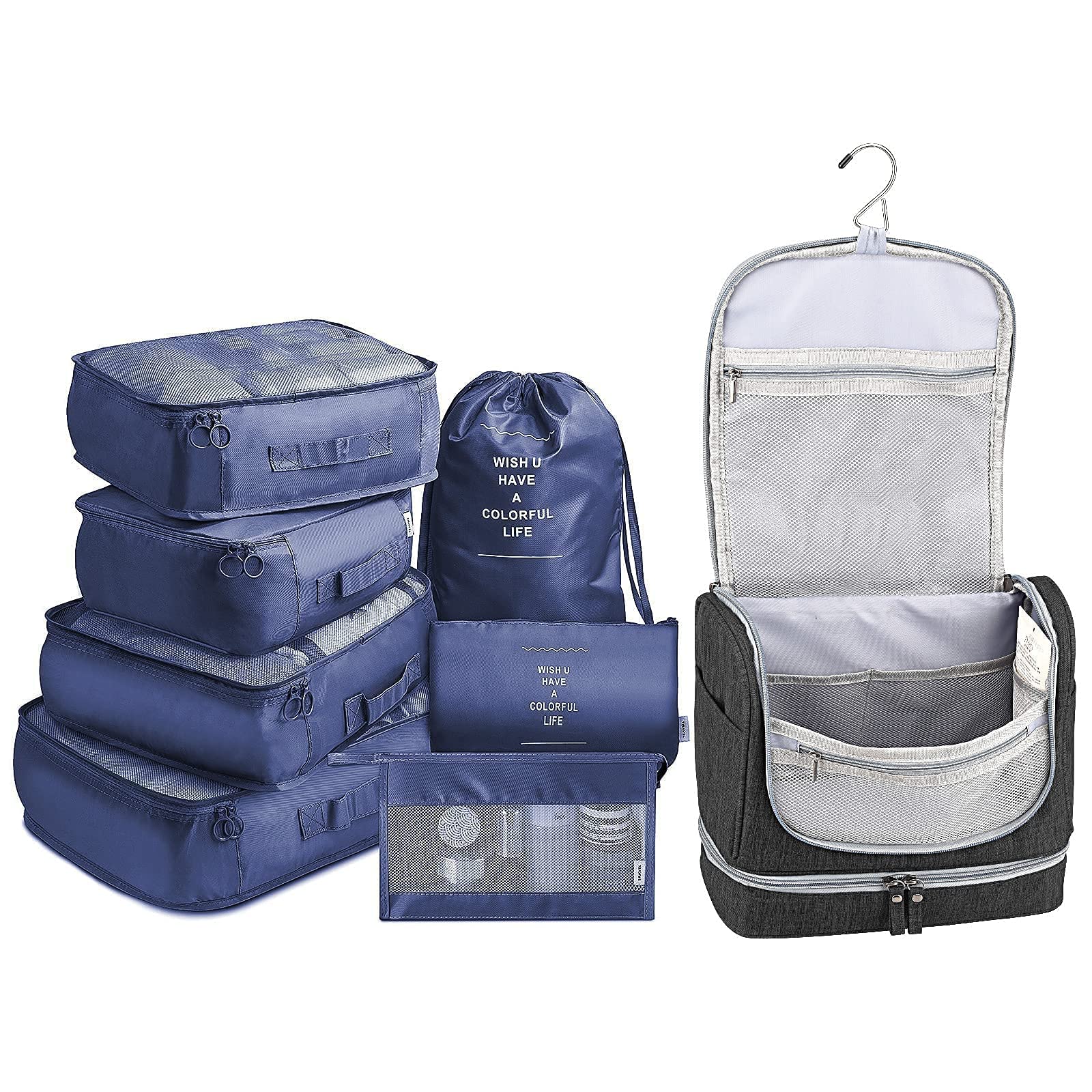 7-Piece Packing Cubes Set - Travel Luggage Organizers with Wet Compartment Toiletry Bag & Cosmetic Dopp Kit | Perfect for Business Trips, Vacations & Weekend Getaways