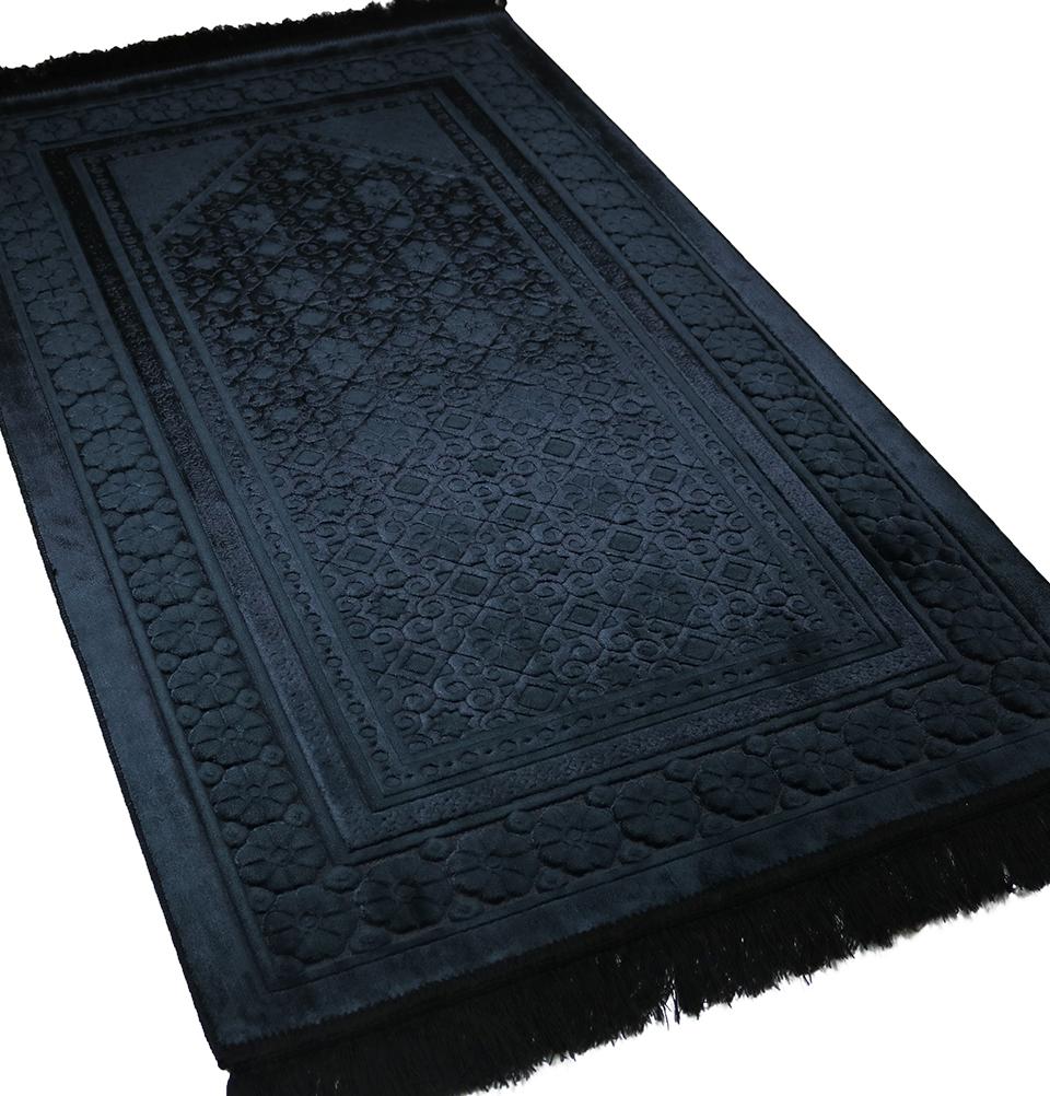 Premium Black Velvet Islamic Prayer Rug with Floral Embroidery - Soft & Durable for Home, Mosque, or Travel Use