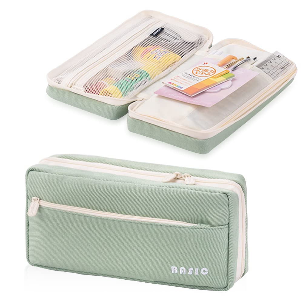 iSuperb Large Capacity Pencil Case - Big Zippered Pouch for School, Office & Travel - Perfect for Organizing Pens, Passport, Makeup & Cosmetics (Light Green) - Ideal for Students, Professionals & Travelers