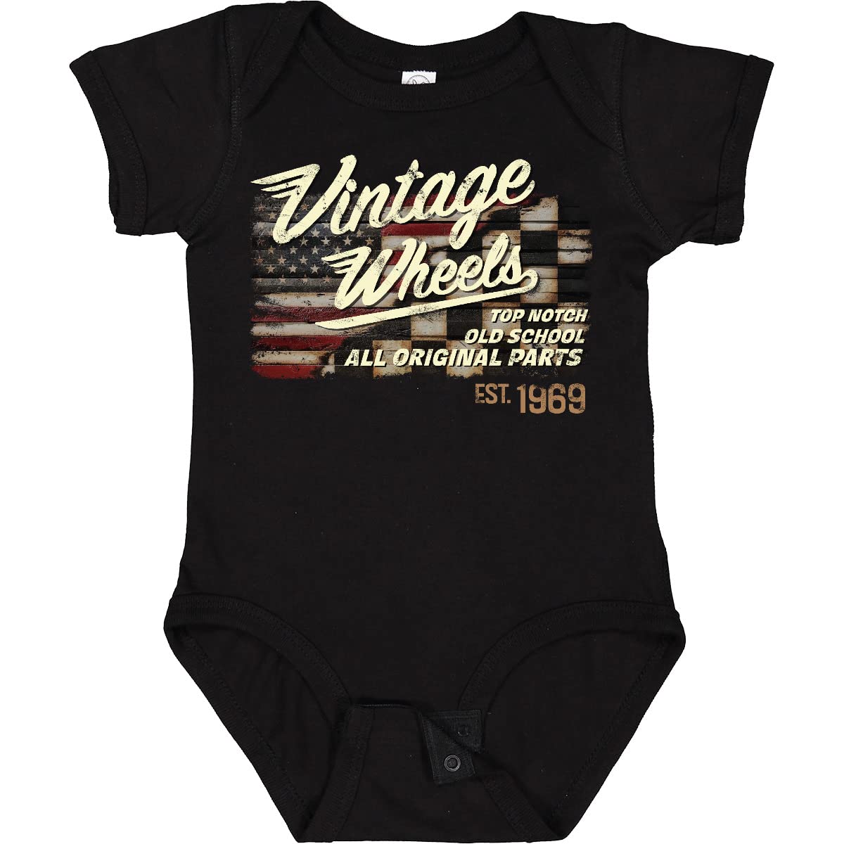 Vintage Wheels American Racing Flag Baby Bodysuit - Soft Cotton Infant Onesie for Boys & Girls - Perfect for Racing Enthusiasts, Car Shows, and Patriotic Holidays
