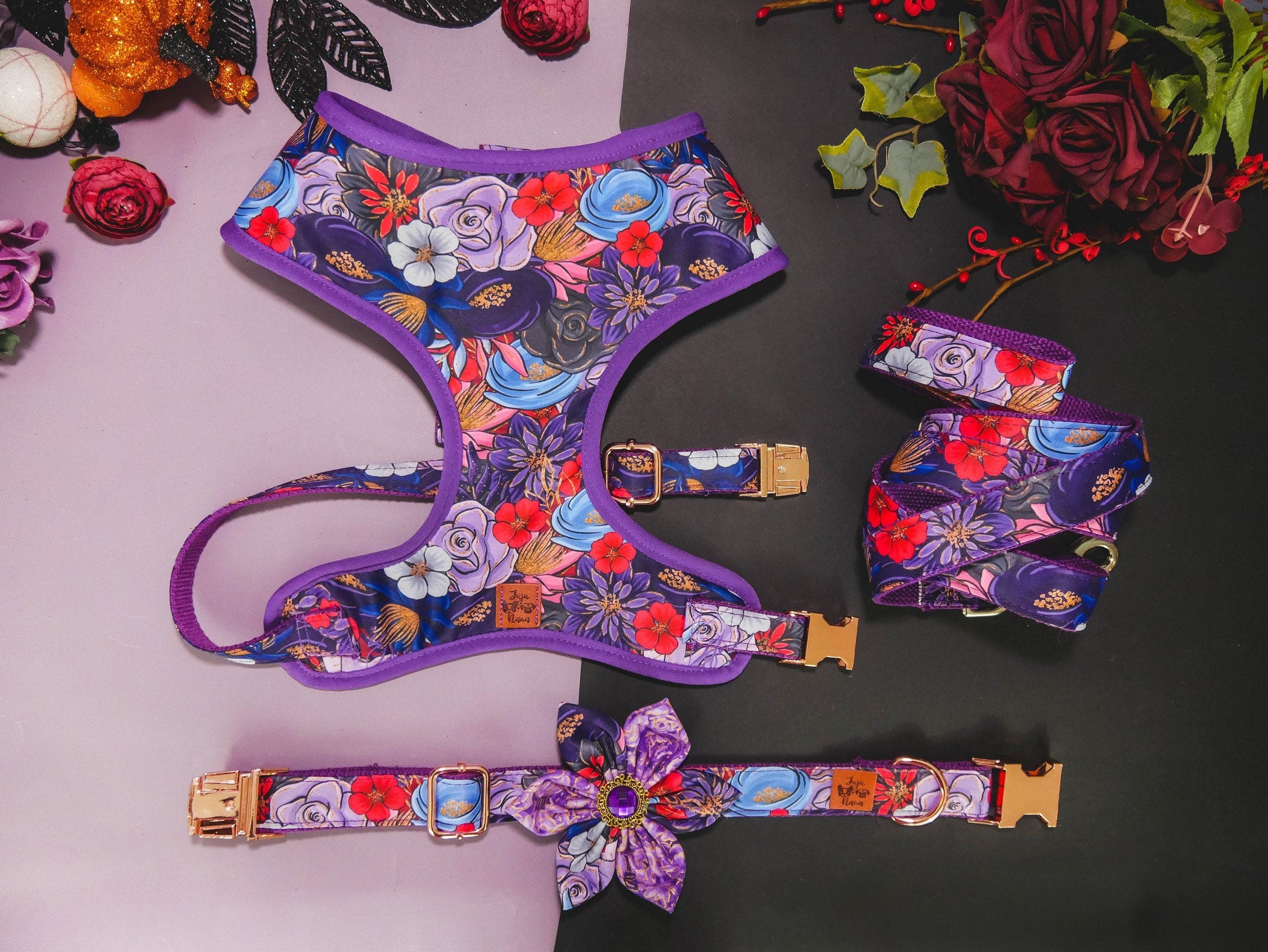 **Purple Glitter Flower Dog Harness Set - Halloween, Fall, Autumn & Thanksgiving Pet Costume for Small & Large Dogs - Perfect for Holiday Photos & Festive Outings**