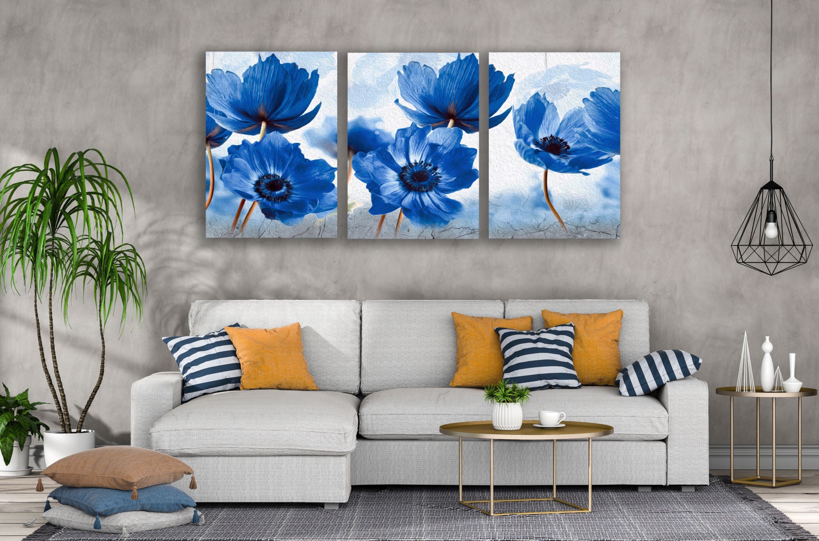 3-Piece Blue Floral Canvas Wall Art Set - High Quality Australian Made Prints - Ready to Hang for Living Room, Bedroom & Office Decor