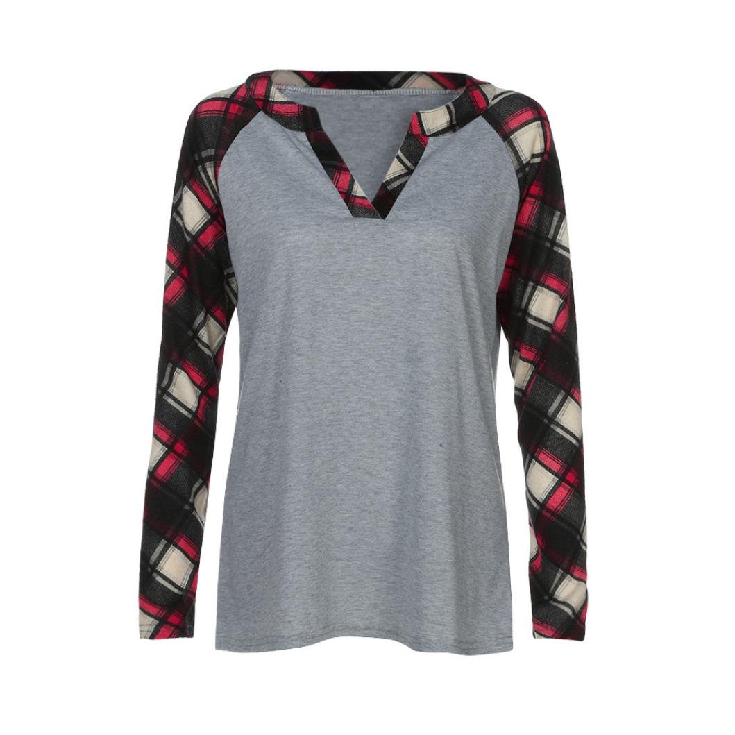 Women's Fashion Plaid V-Neck Long Sleeve Blouse - Loose Fit Patchwork Tunic Top for Casual Wear & Office Outfits | Clearance Sale