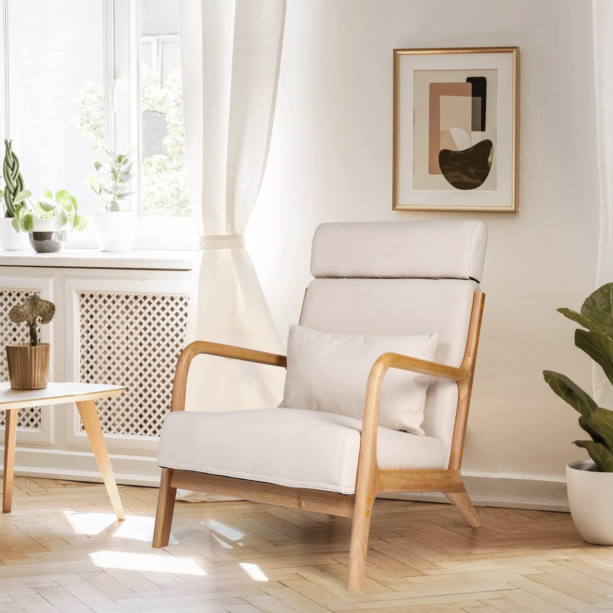 Mid Century Modern Accent Chair with Extendable Headrest - Wood Frame Fabric Armchair, Linen Upholstered Lounge Chair for Living Room, Reading Nook, or Bedroom (Beige) - Perfect for Relaxing, Reading & Adding Stylish Comfort to Your Home