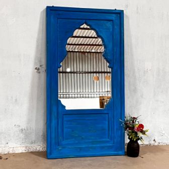Handmade Indian Wooden Wall Mirror with Intricate Carvings - Blue Frame (80x50x150cm) for Living Room, Bedroom & Entryway Decor