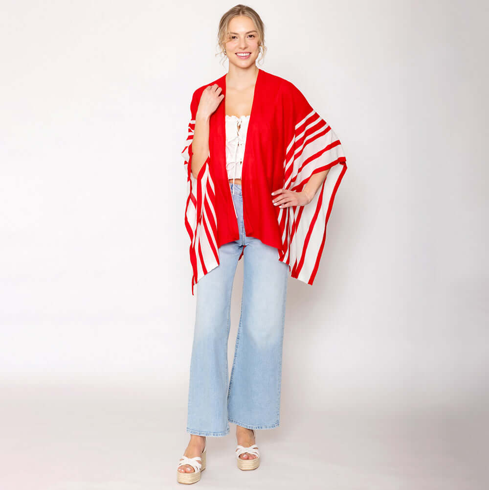 Stylish Red & White Two-Tone Ruana Poncho Shawl Wrap - Perfect for Fall Fashion, Casual Outings & Boho Chic Looks