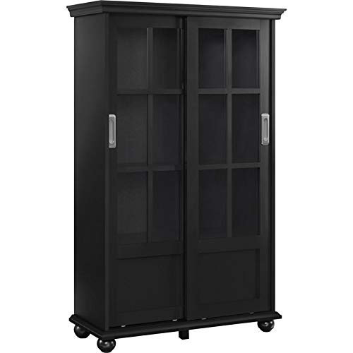 Ameriwood Home Aaron Lane Bookcase with Sliding Glass Doors - Black Wooden Bookshelf for Living Room, Office & Library Storage