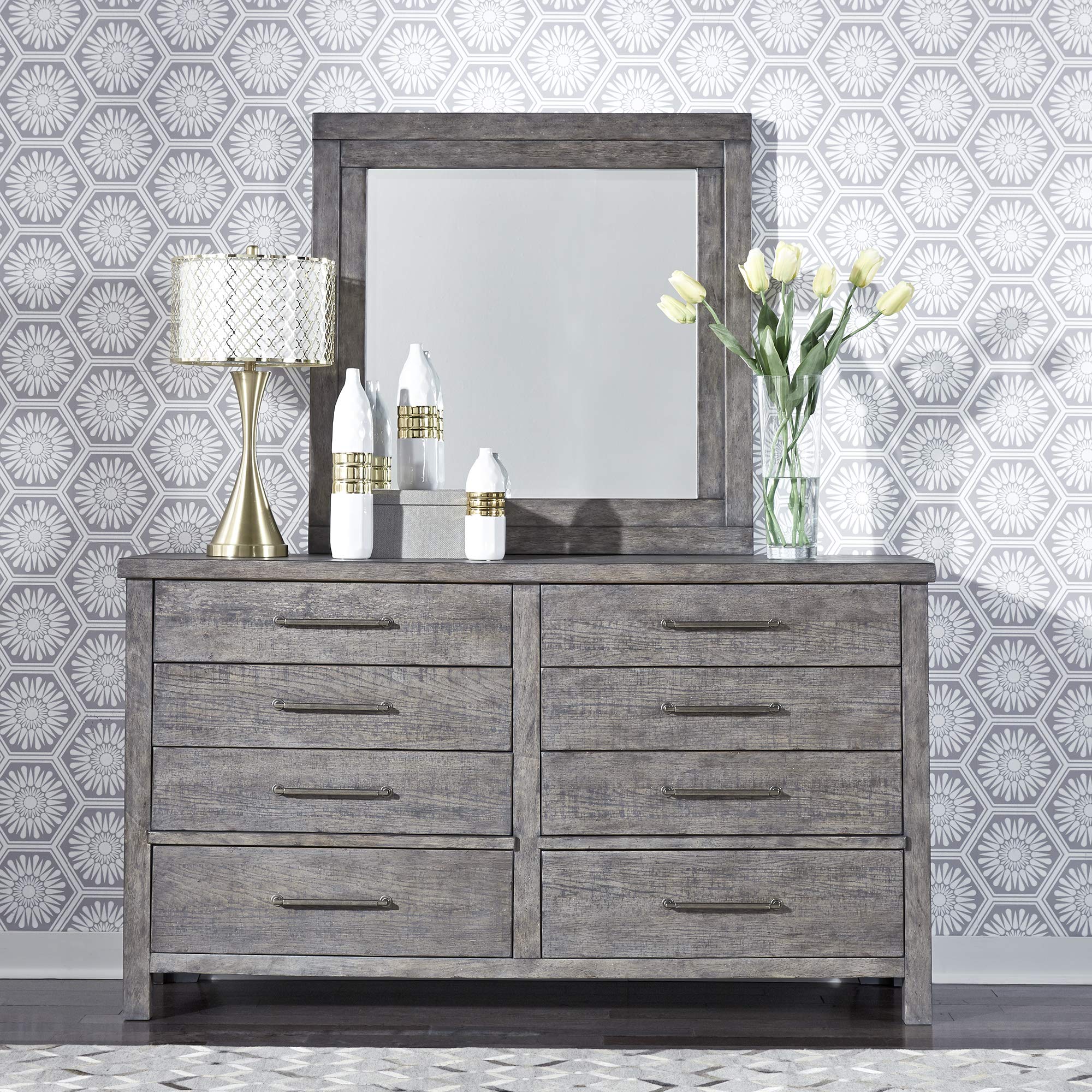 Modern Farmhouse Dresser with Mirror in Dusty Charcoal - Rustic Bedroom Furniture for Farmhouse Decor & Home Organization | Perfect for Master Bedroom, Guest Room or Nursery Storage