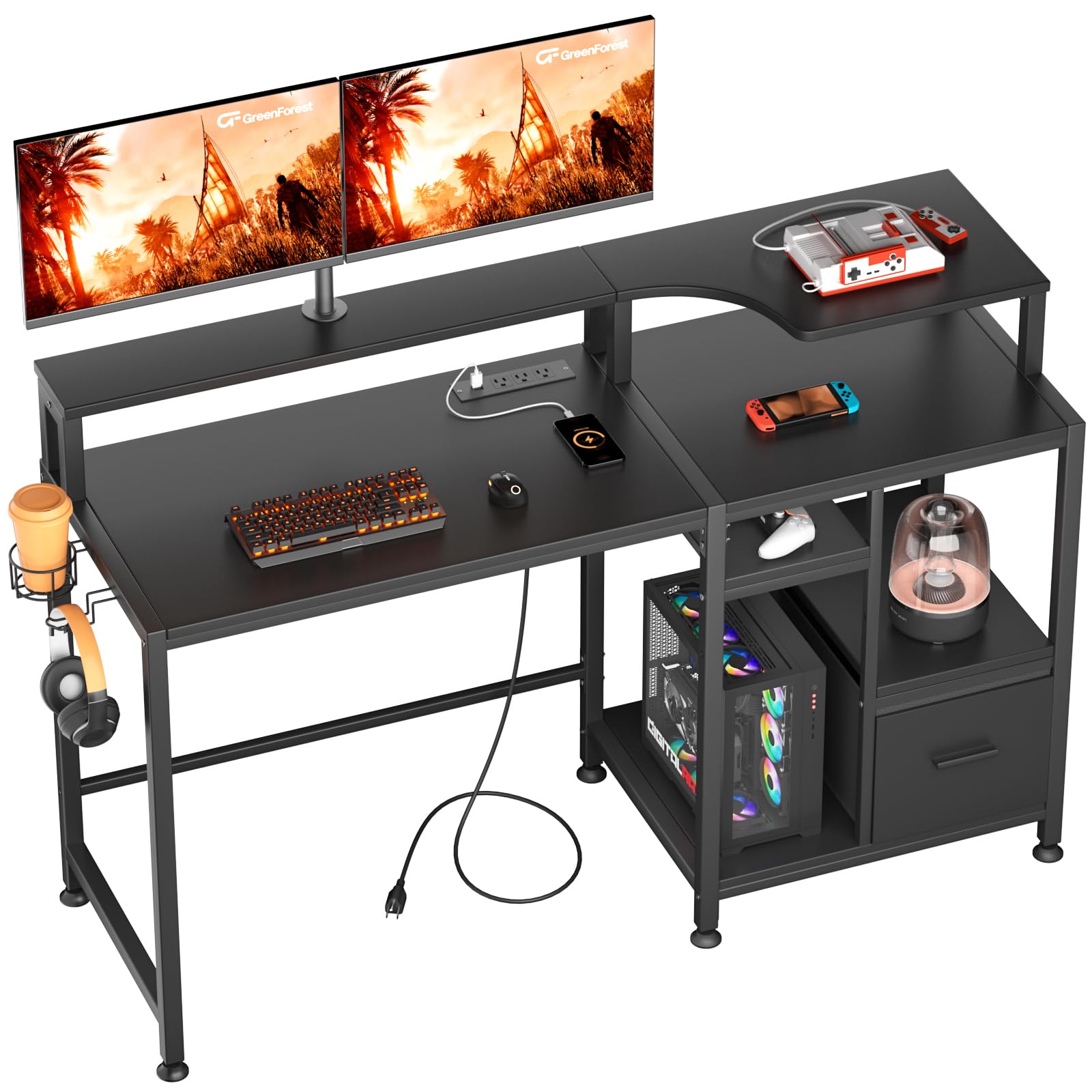 GreenForest 55 Inch Gaming Computer Desk with Drawers, Power Outlet & Monitor Stand - Adjustable Height Workstation with Cup Holder & Hook for Home Office, Gaming Setup & Study Room - Black