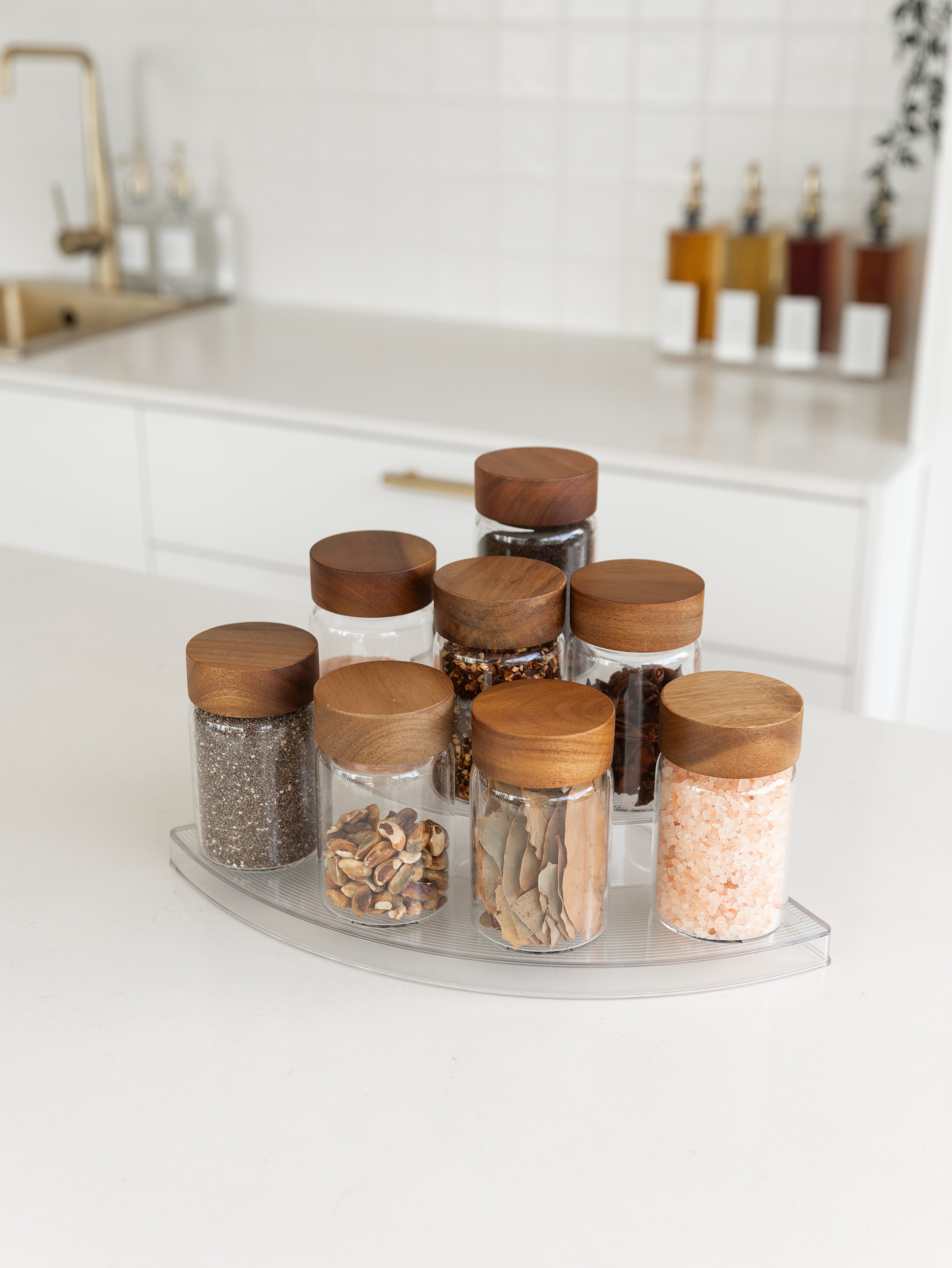 Clear 3-Tier Corner Shelf with 8x250ml Acacia Spice Jars - Space-Saving Spice Organizer for Kitchen, Bathroom & Pantry Storage
