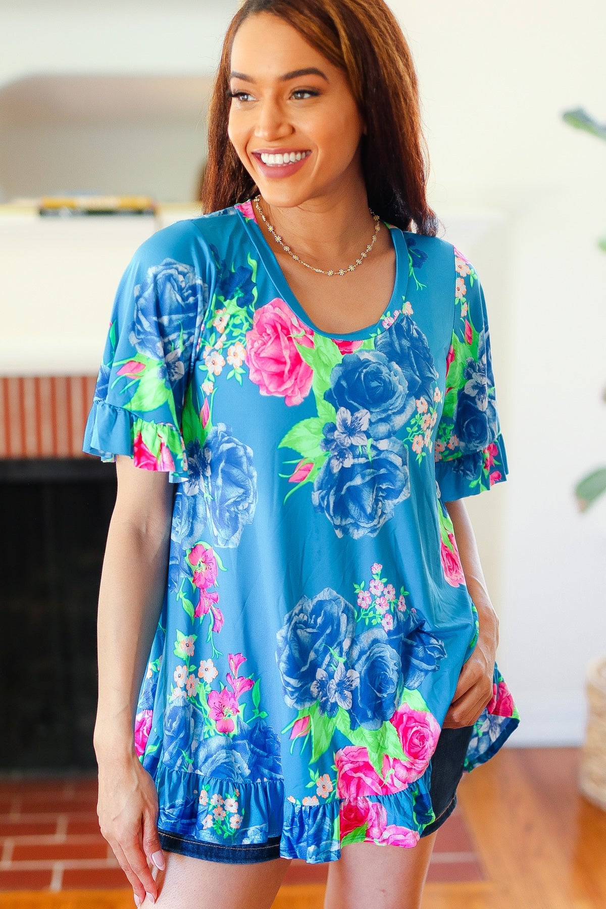 Playful Blue Floral Ruffle Sleeve & Hem Tunic Top for Women - Casual Summer Blouse for Beach, Date Night & Boho Outfits