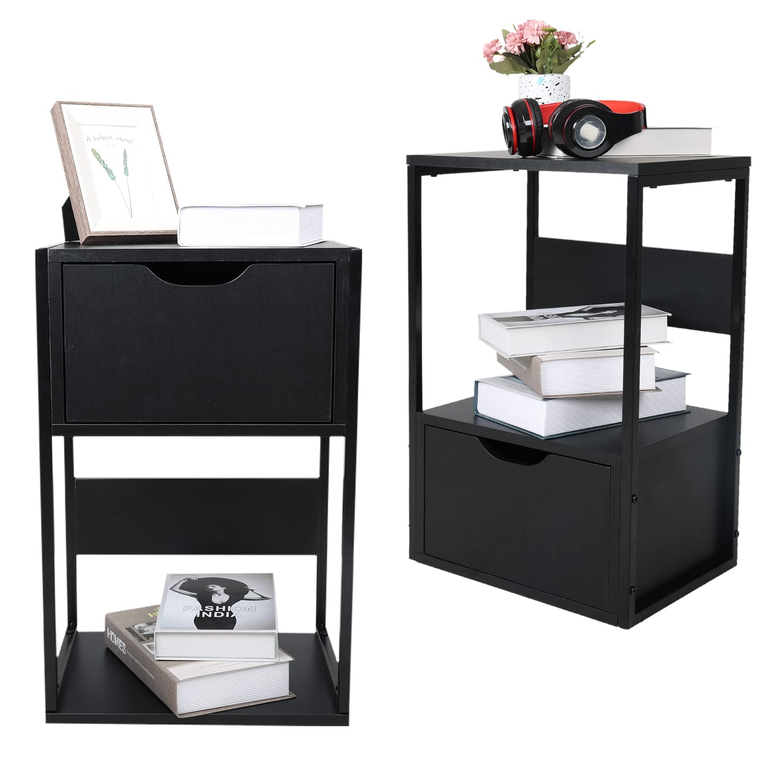 ELECWISH 2-Piece Nightstand Set with Flip Drawer Storage, Modern Wooden Top Side Table - Black End Tables for Bedroom, Living Room & Office | Space-Saving Furniture for Small Spaces