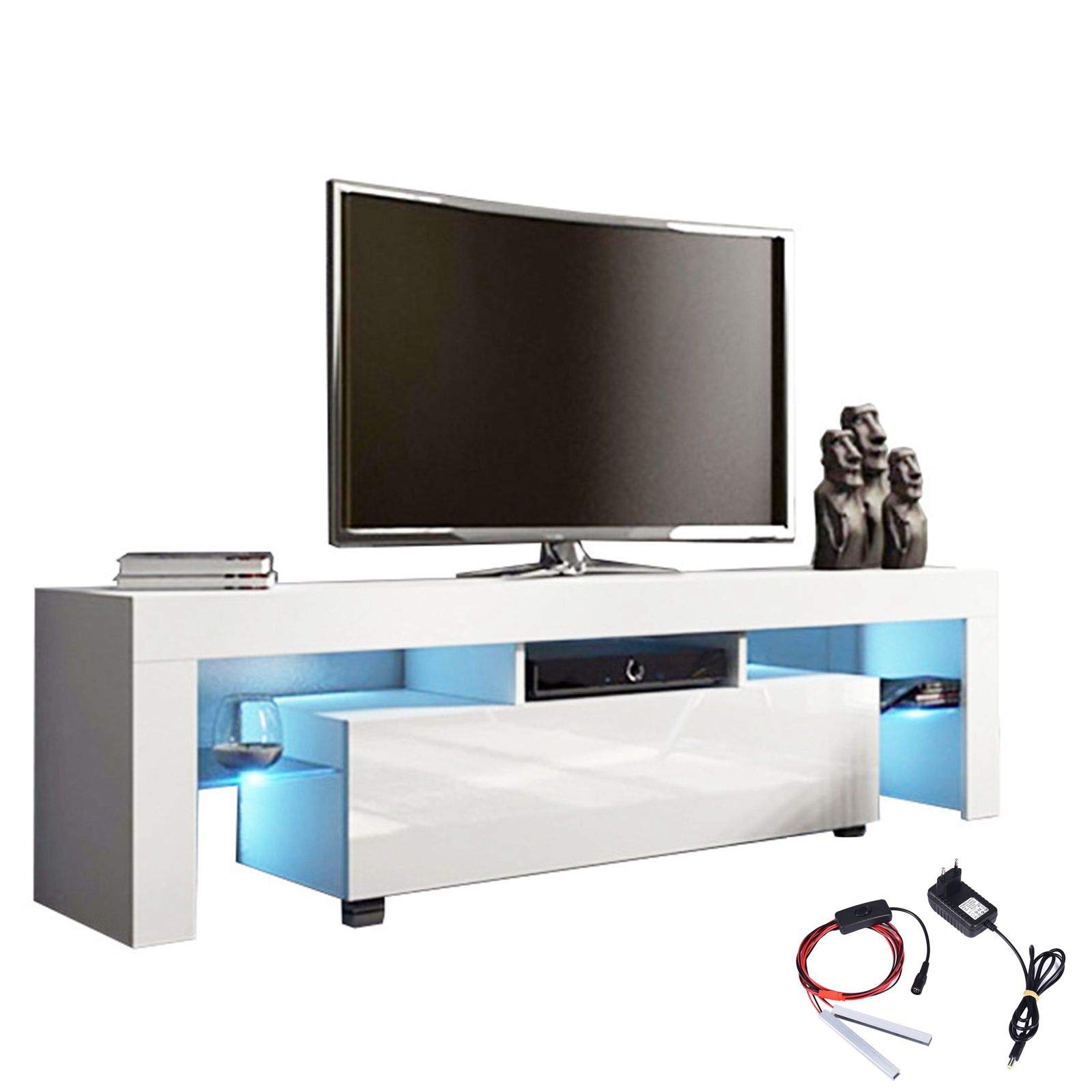 Modern High-Gloss LED TV Stand with Storage Drawers & Shelves - Wooden Entertainment Center Console Cabinet for Living Room - White (50