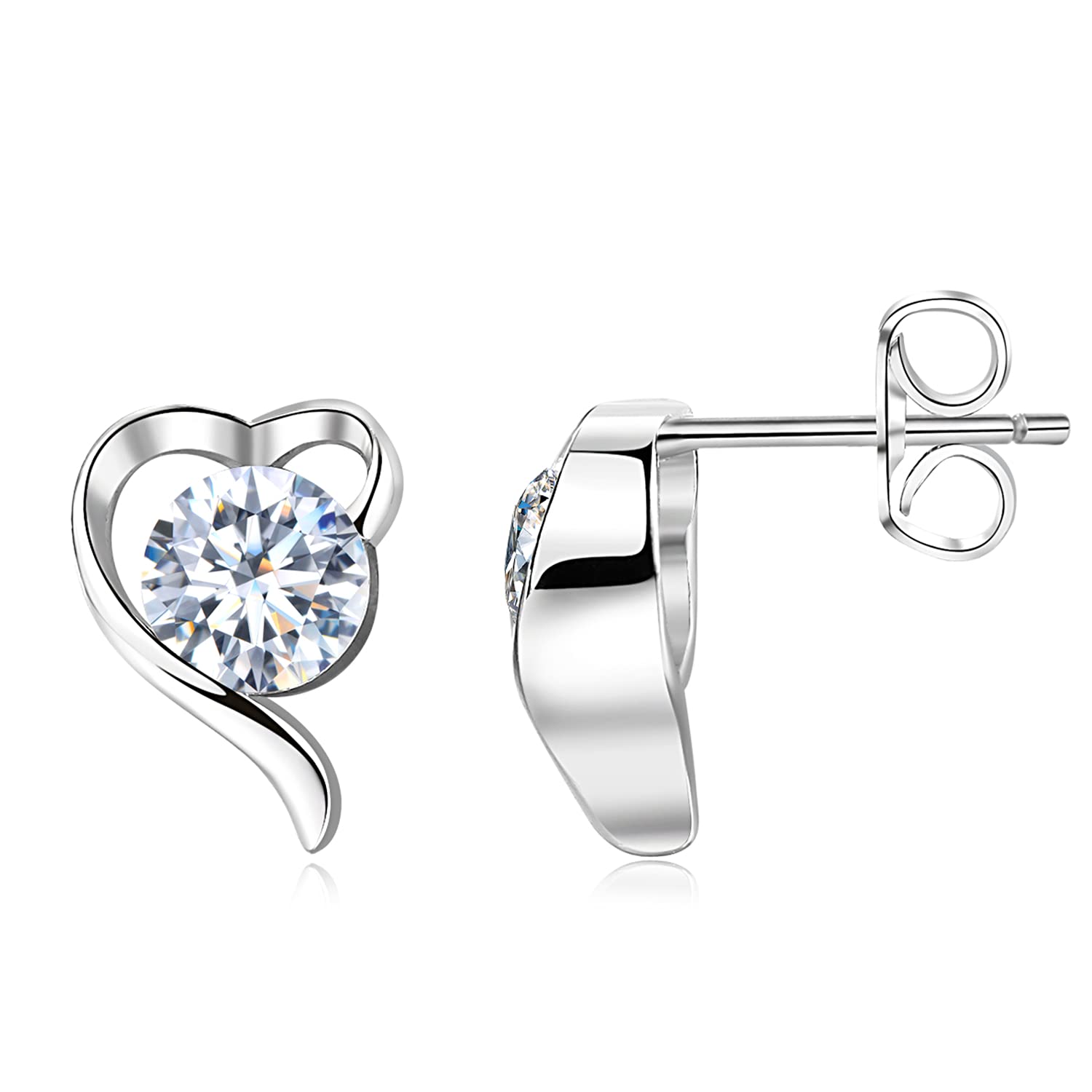 14K White Gold Plated Cubic Zirconia Heart Stud Earrings for Women & Girls - Elegant Dangle Earrings for Valentine's Day, Anniversary, Birthday Gifts & Everyday Wear