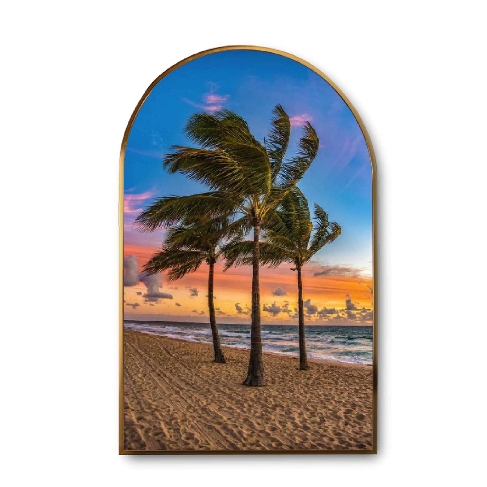 Large Modern Giclee Canvas Wall Art - Sunrise Palm Trees at Fort Lauderdale Beach Florida with Golden Frame - Perfect for Living Room, Bedroom & Office Decor