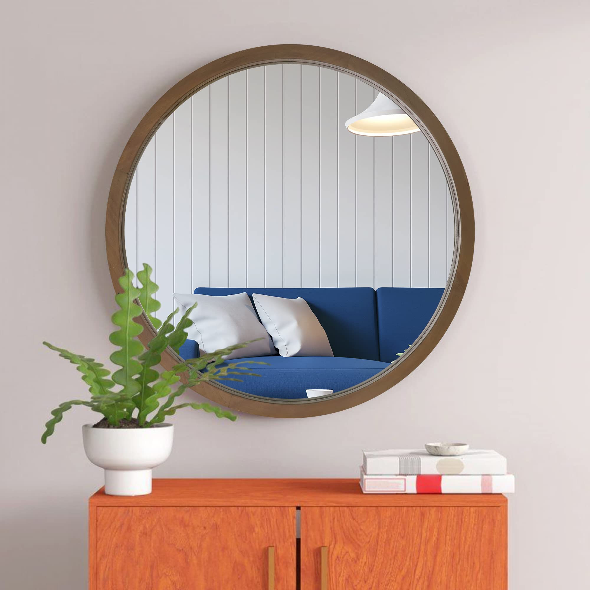 Clavie 24 Inch Round Decorative Wall Mirror with Wood Frame - Rustic Natural Brown Bathroom Mirror for Farmhouse, Bedroom & Living Room Decor