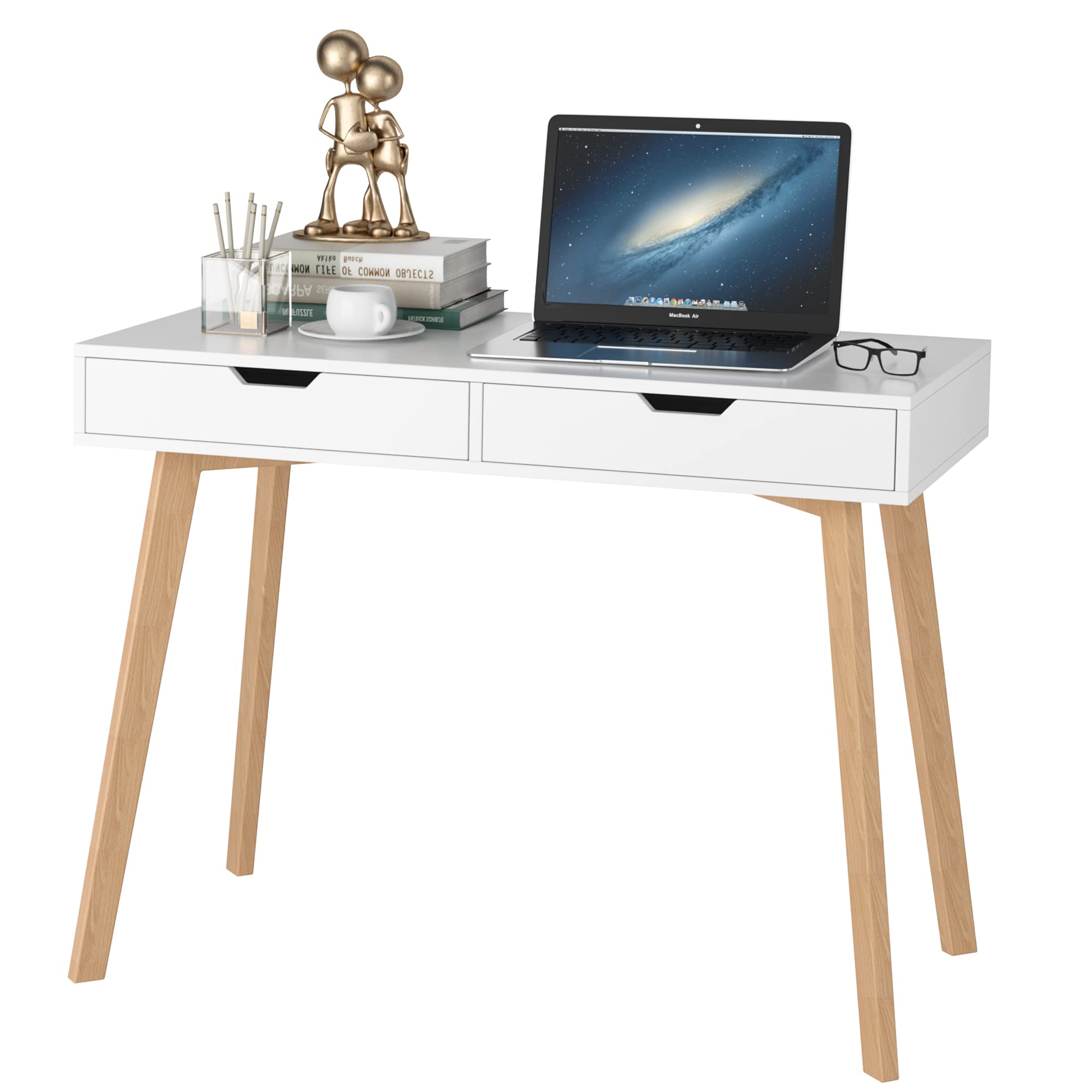 White Modern Computer Writing Desk with 2 Drawers - Small Wooden Office Desk, Makeup Vanity Table with 4 Sturdy Oak Legs - Perfect for Home Office, Study Room & Bedroom Workspace