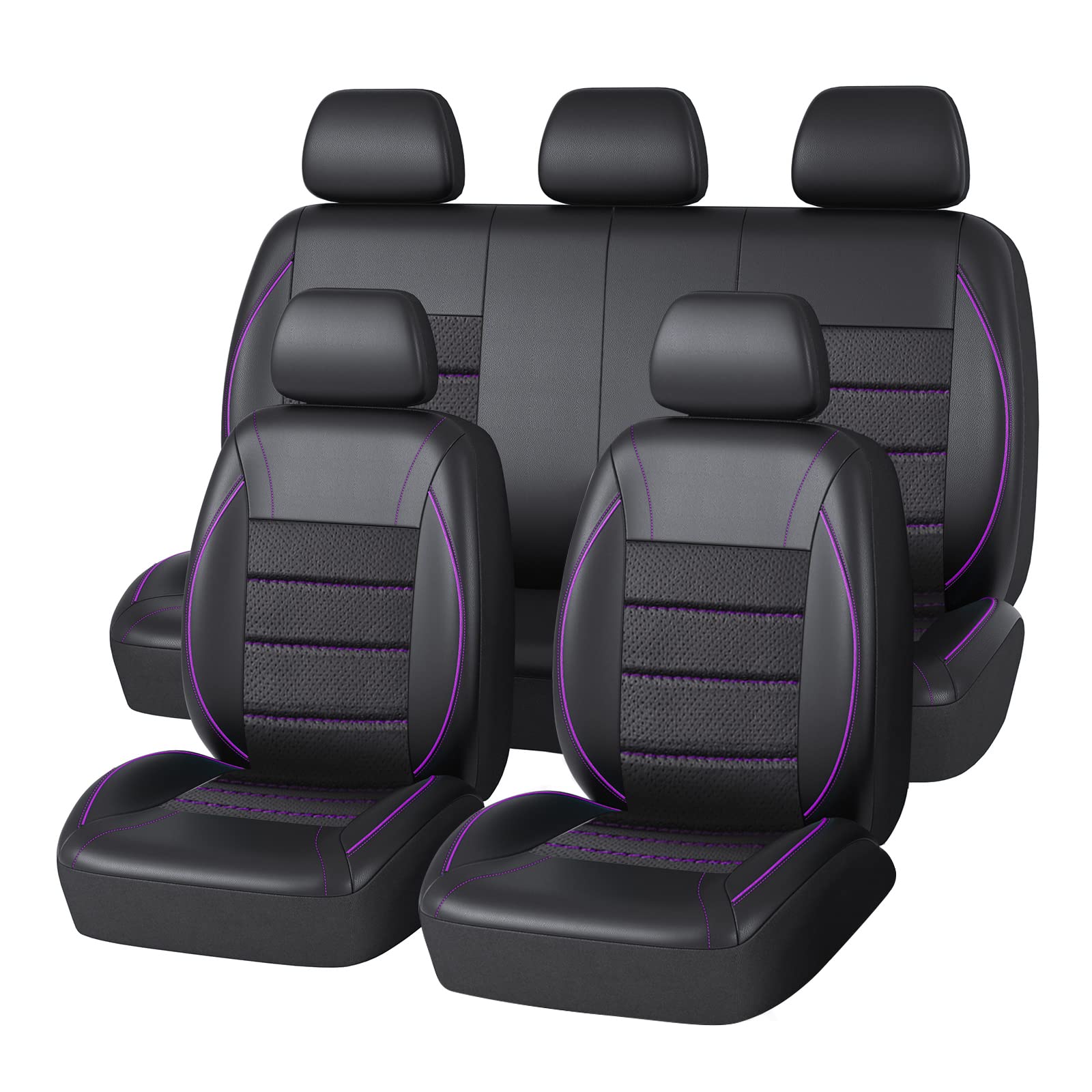 CAR PASS Universal FIT Piping Leather Car Seat Cover - Airbag Compatible, Inside Zipper Design, Reserved Holes for SUVs, Vans, Trucks - Full Set Black & Purple for Daily Commute & Road Trips
