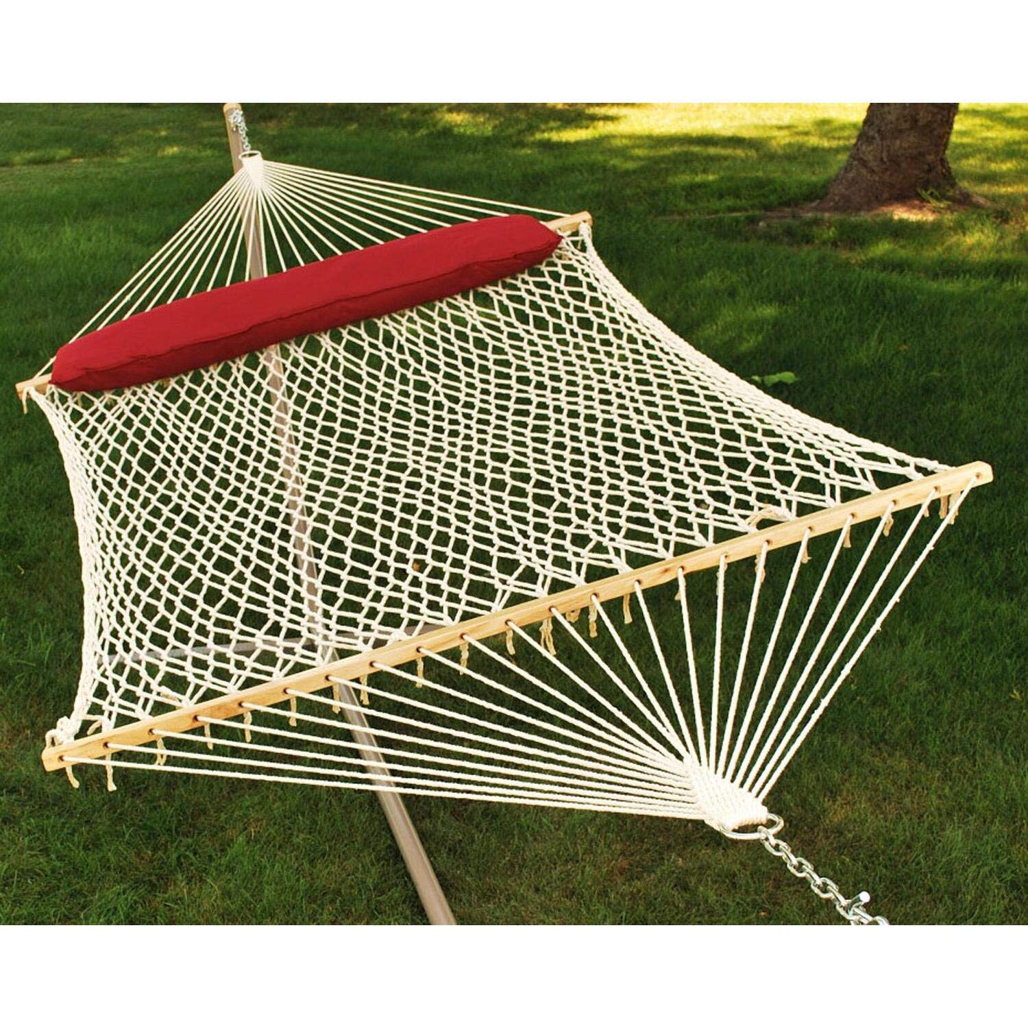Algoma 2-Person Cotton Rope Hammock with Pillow - Comfortable Outdoor Hanging Bed for Patio, Backyard, Beach & Camping