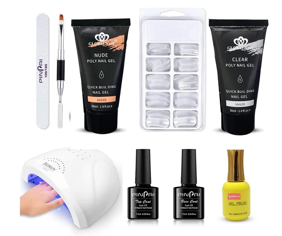 Professional Polygel Nail Extension Kit with 48W UV Lamp - Includes 2x 30ML Polygel Tubes, Base & Top Coat, 100 Dual Forms, Buffer & Dual-Ended Brush - Perfect for Salon & DIY Nail Art at Home