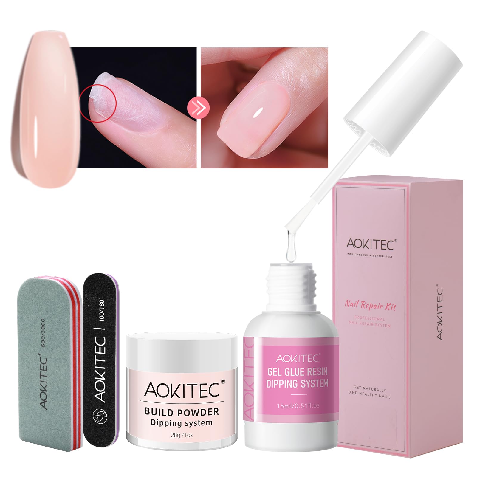 Aokitec Nail Repair Kit - 28g Jelly Pink Builder Powder for Broken Cracked Split Weak Nails with Nail Repair Solution | Emergency Quick DIY Natural Crystal Pink Nails | Perfect for Home Salon, Nail Art, and Manicure Care