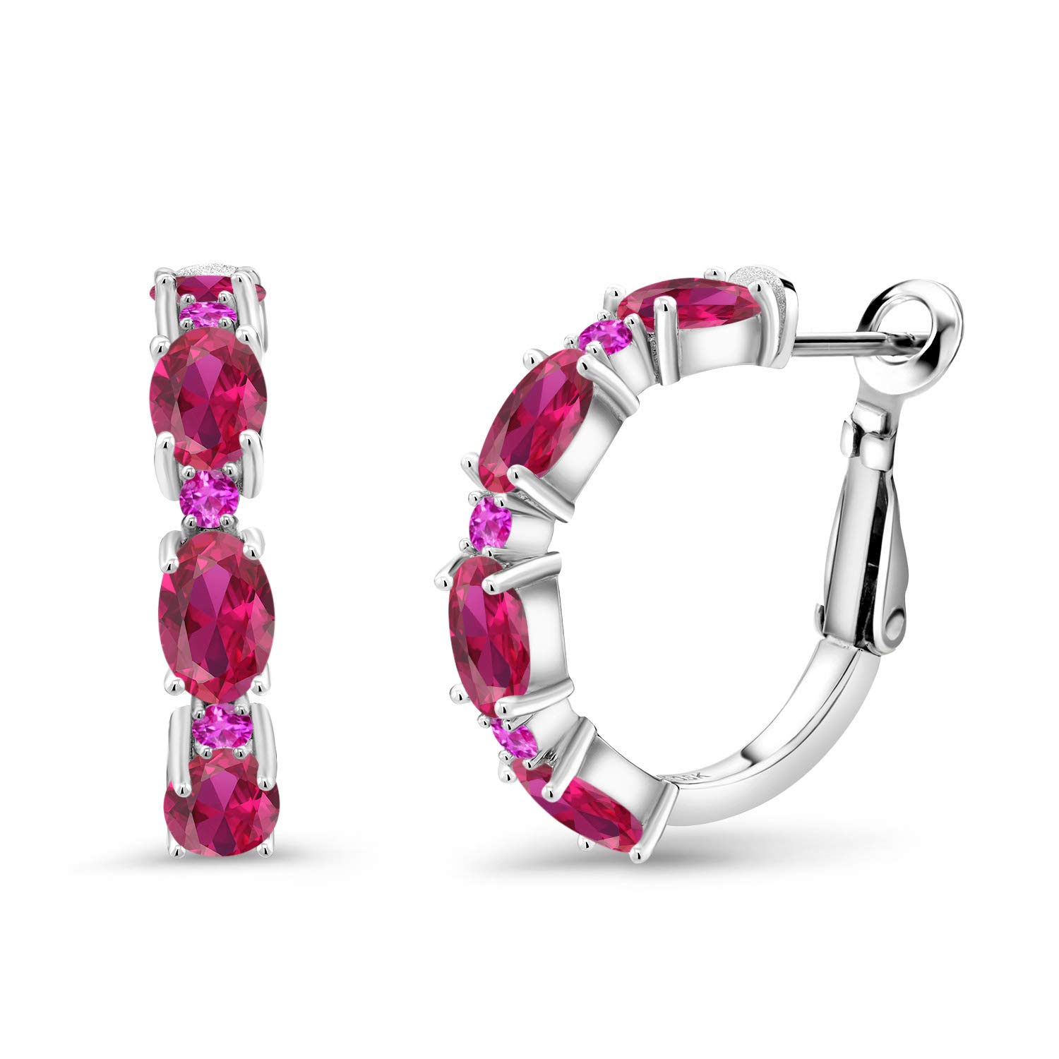 4.30 Ct Oval Red Created Ruby & Pink Sapphire 925 Sterling Silver Hoop Earrings for Women - Elegant Dangle Earrings for Party, Wedding & Special Occasions