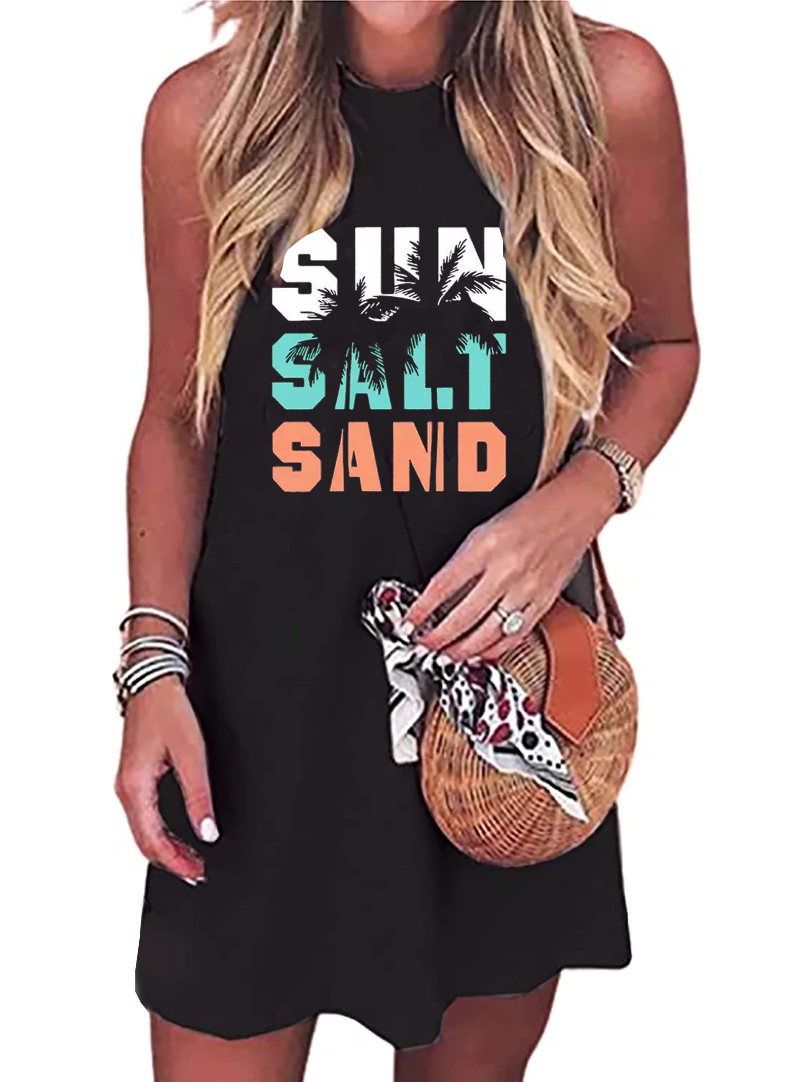 Women's Summer Sleeveless Mini Dress - Sun Salt Sand Coconut Tree Print Beach Vacation Tank Dress | Perfect for Beach Parties, Tropical Getaways & Summer Outfits