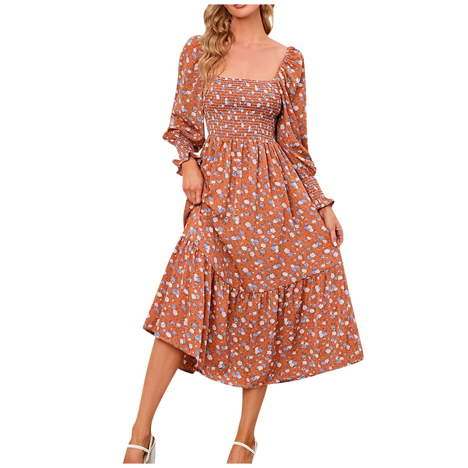 Women's Smocked Boho Floral Print A-Line Midi Dress with Long Sleeves & Square Neck | Casual Fit Summer Dress for Beach, Party & Everyday Wear