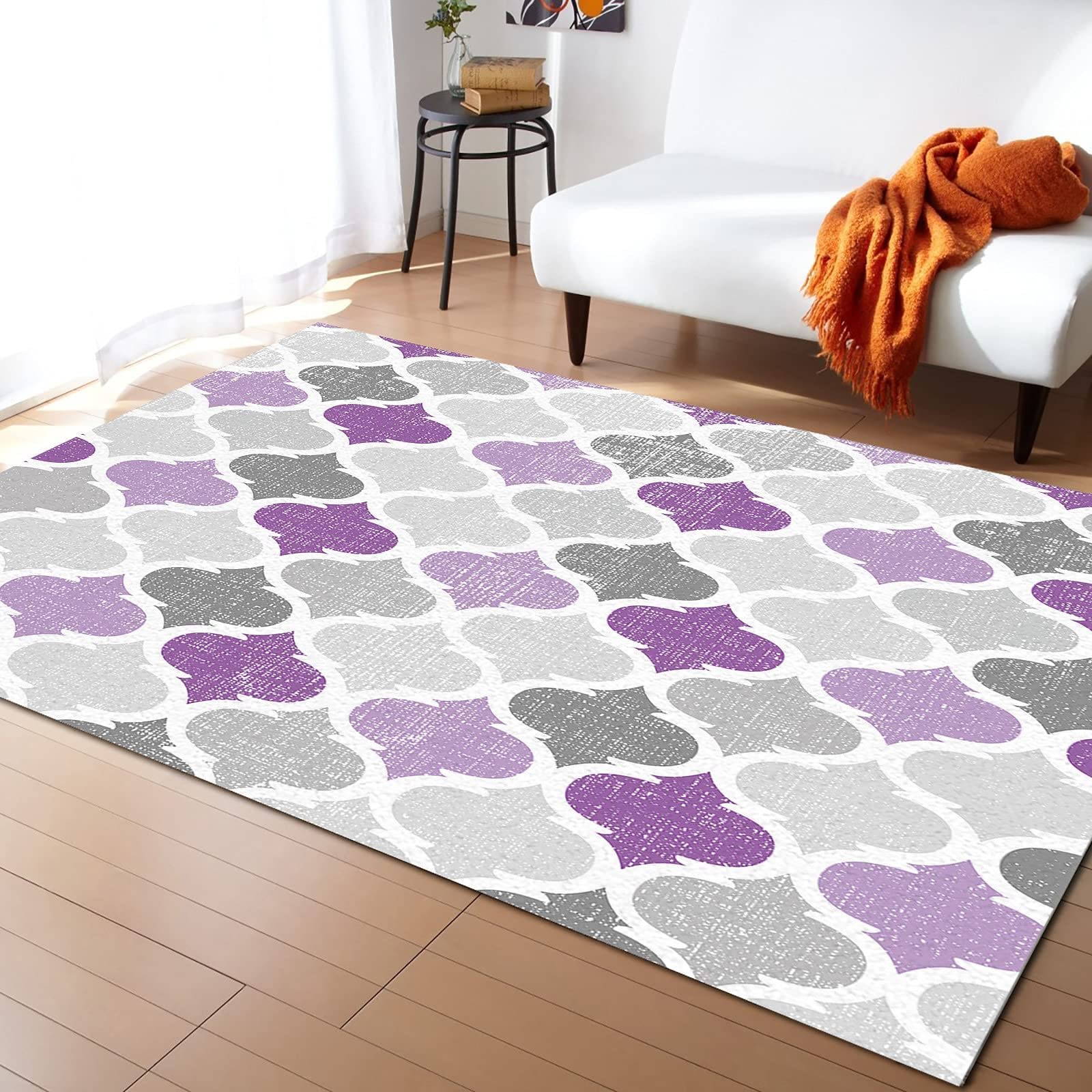 Moroccan Tiled Purple Gray Area Rug 3'x5' - Geometric Retro Soft Washable Carpet with Non-Slip Backing for Living Room, Bedroom & Home Decor | Perfect for Bohemian Style Spaces & Cozy Interior Design