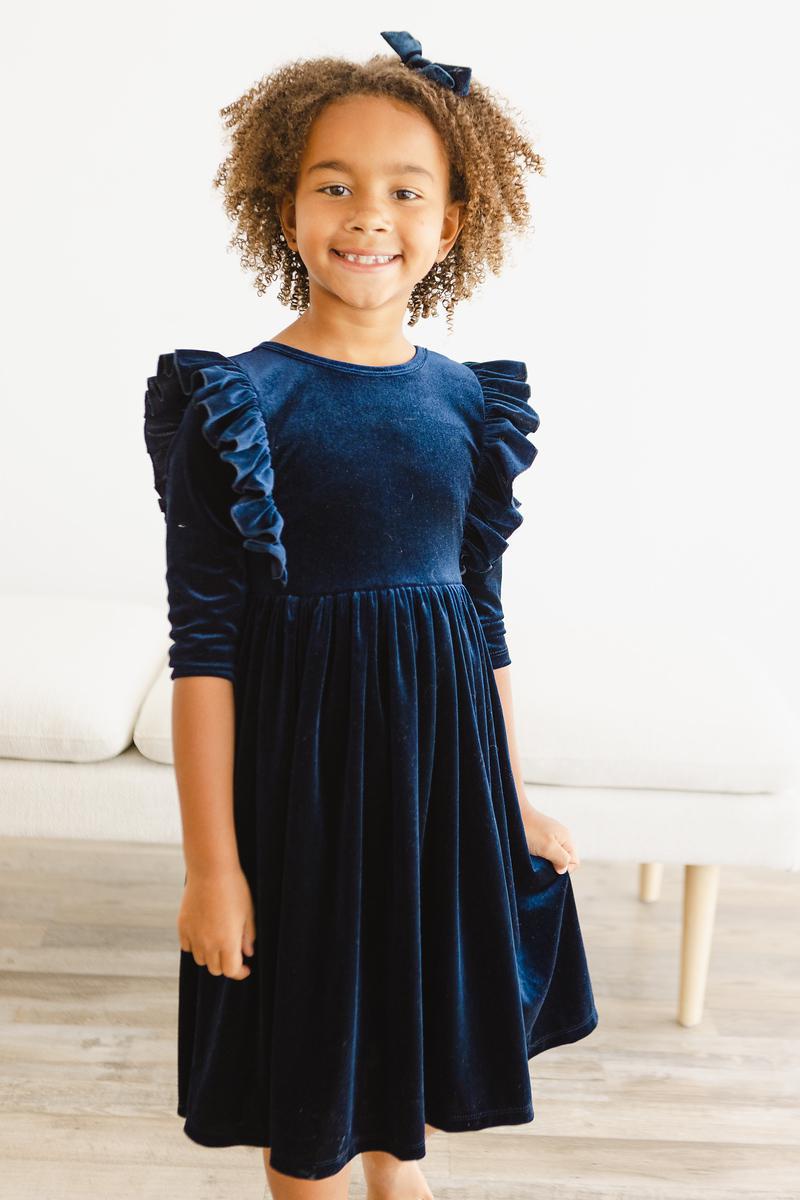 Navy Blue Velvet Ruffle Twirl Dress for Girls | Elegant Party Dress for Weddings, Holidays & Special Occasions
