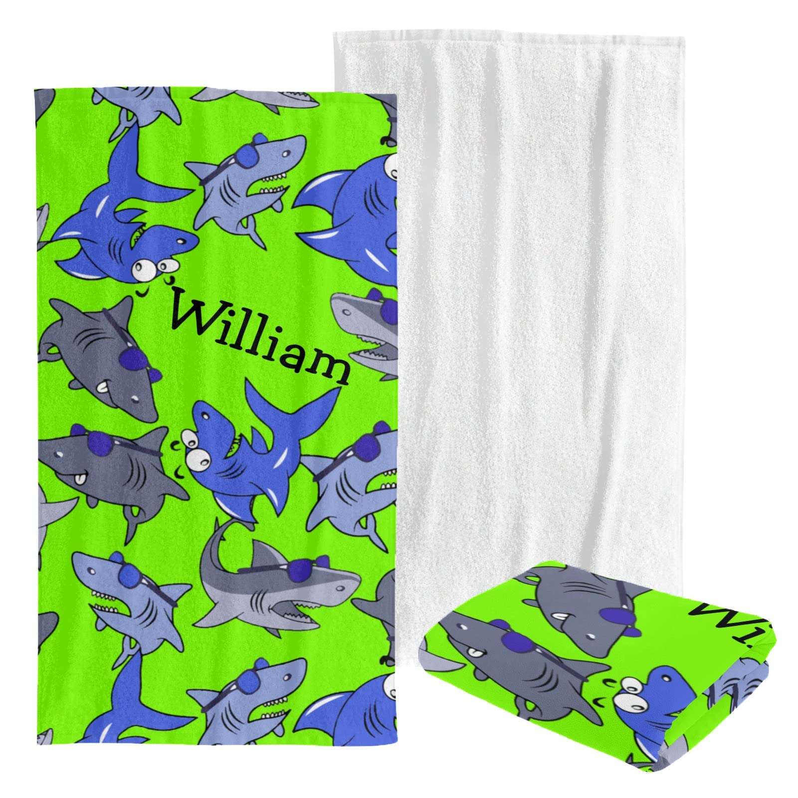 Custom Personalized Beach Towel - Soft Quick-Dry Bath Towel Blanket for Swimming, Pool, Travel - Fun Cartoon Shark Design for Kids, Men, Women - Perfect for Beach Vacations, Summer Outings & Water Activities
