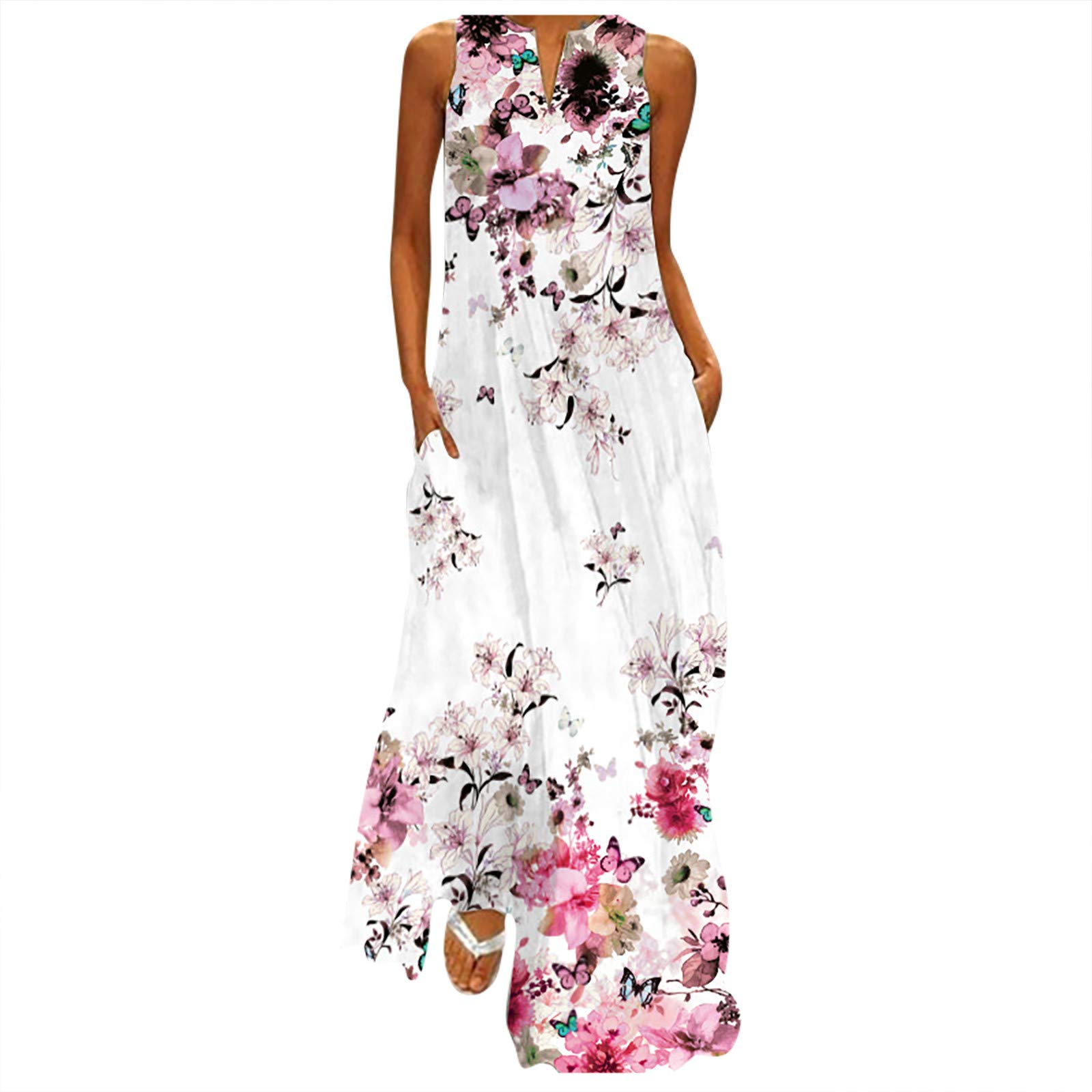 Women's Summer V-Neck Sleeveless Elastic Waist Flowy A-Line Dress with Pockets - Floral Print Split Hem Casual Sundress for Beach, Vacation & Everyday Wear