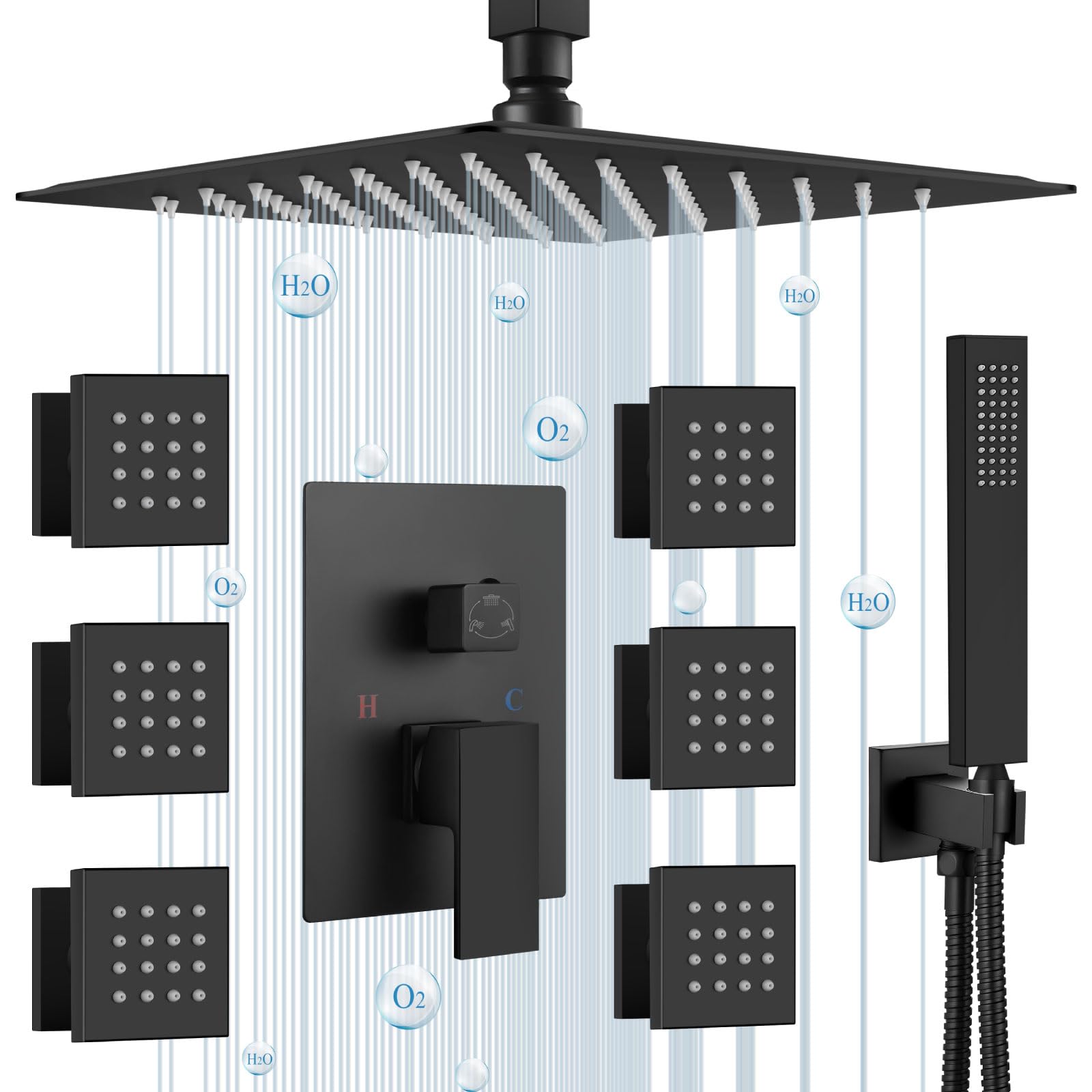 Matte Black Ceiling Mount Shower Faucet Set - 12 Inch SUS304 Rainfall Shower Head with 6 Body Spray Jets - Brass Handheld Rain Mixer Shower System for Full Body Wash - Perfect for Modern Bathroom & Spa Experience