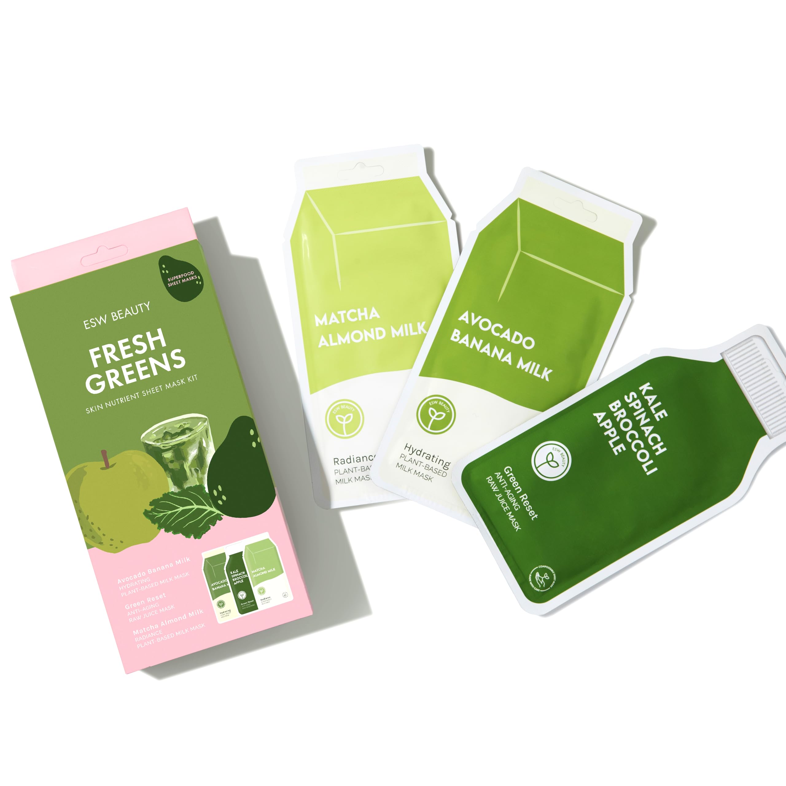 ESW Beauty Fresh Greens Superfood Sheet Mask Set - Hydrating & Detoxifying Facial Mask Pack for Glowing Skin | Perfect for Spa Night, Self-Care Routine & Gift Giving