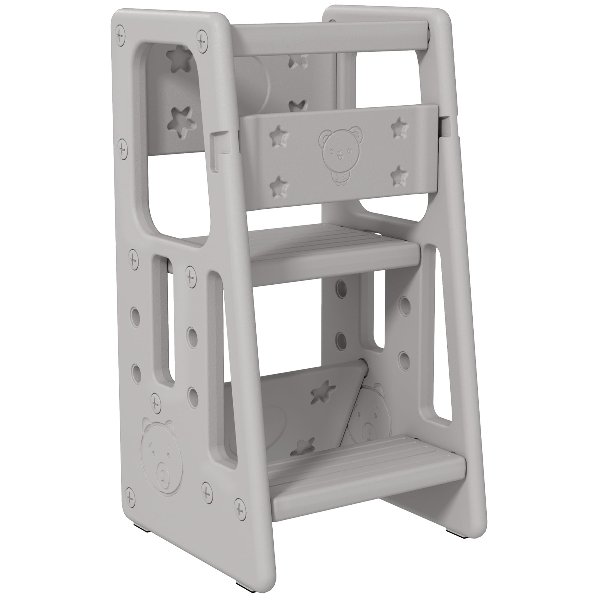 Qaba Adjustable Height Toddler Kitchen Helper Step Stool with Safety Rail - Grey | Learning Tower for Kids Cooking, Baking & Counter Access | Non-Slip Platform for Toddlers 18-36 Months