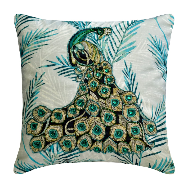 Art Nouveau Peacock Teal Cotton Throw Pillow Cover - Bohemian Home Decor for Living Room, Bedroom & Sofa