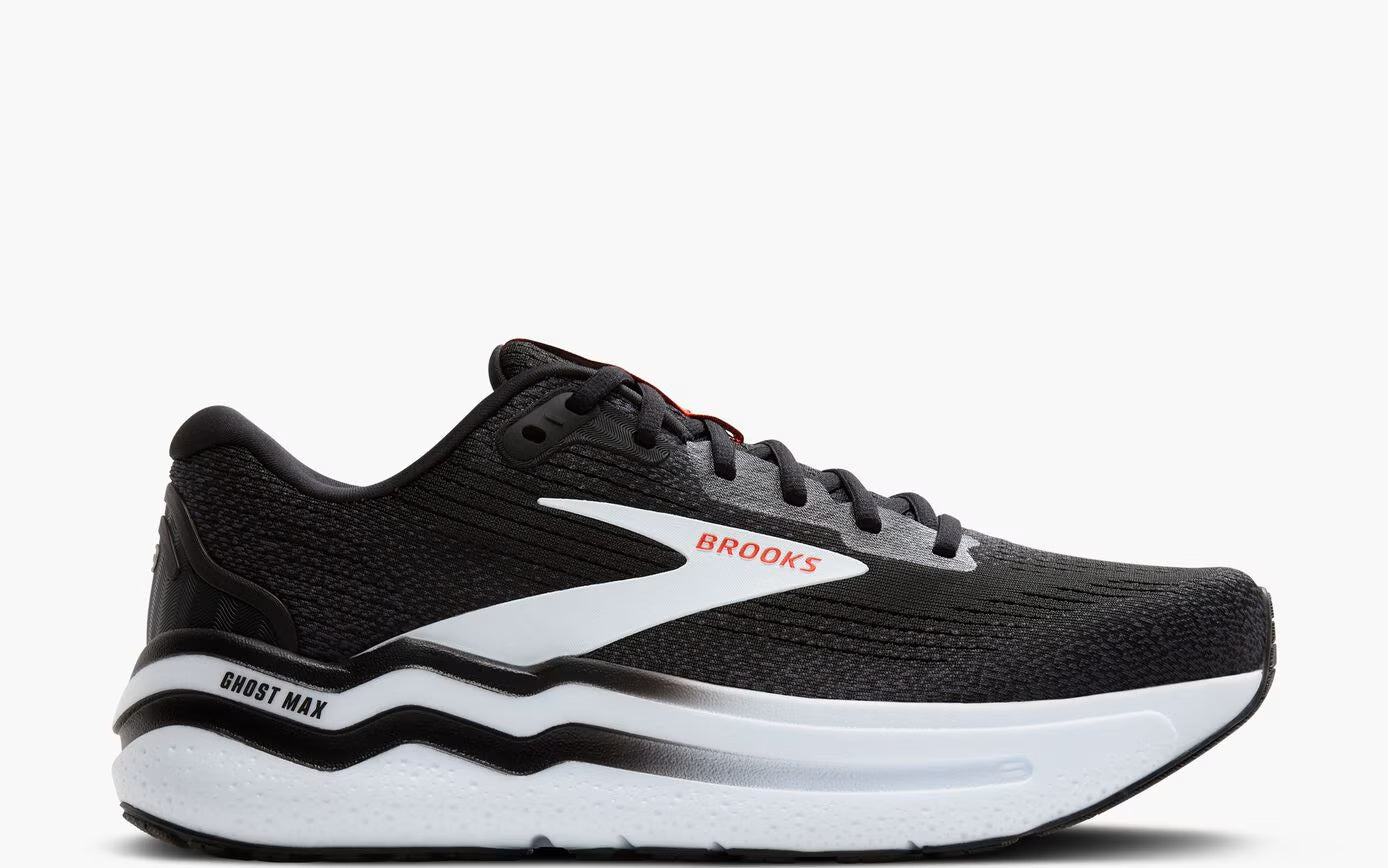 Brooks Men's Ghost Max 2 Running Shoes - Black/White/Fiery Red - Cushioned Support for Long Distance Running & Training