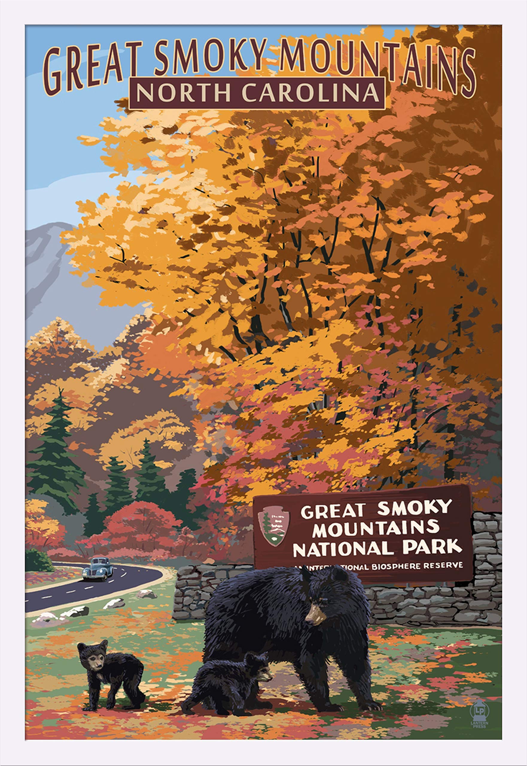 Great Smoky Mountains National Park Entrance & Bear Family 47761 - 24x36 Inch Giclee Art Print with White Wood Gallery Frame - Perfect for Living Room, Bedroom & Office Wall Decor