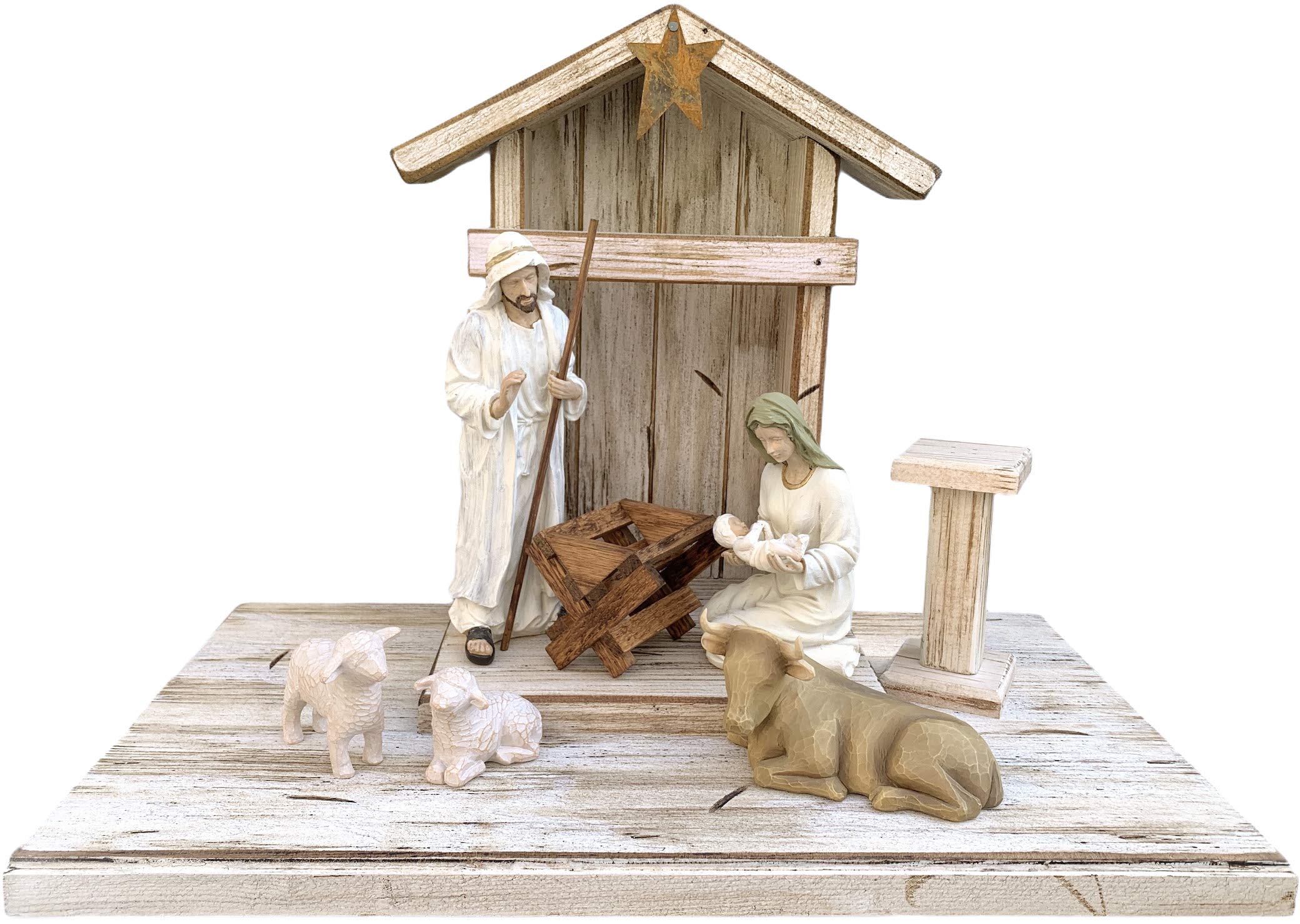 Distressed Real Wood Nativity Stable for Willow Tree Figures - Includes Manger, Angel Stand & Lights - Green, White & Brown - No Assembly Required - Perfect for Christmas Decorations & Holiday Displays