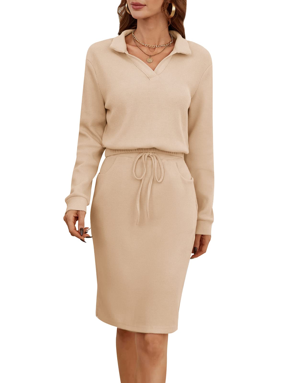 Women's 2-Piece Outfit - Long Sleeve Waffle Knit Sweater & Bodycon Skirt Set (Medium, Apricot) | Casual Fall Winter Fashion for Work, Date Night & Holiday Parties